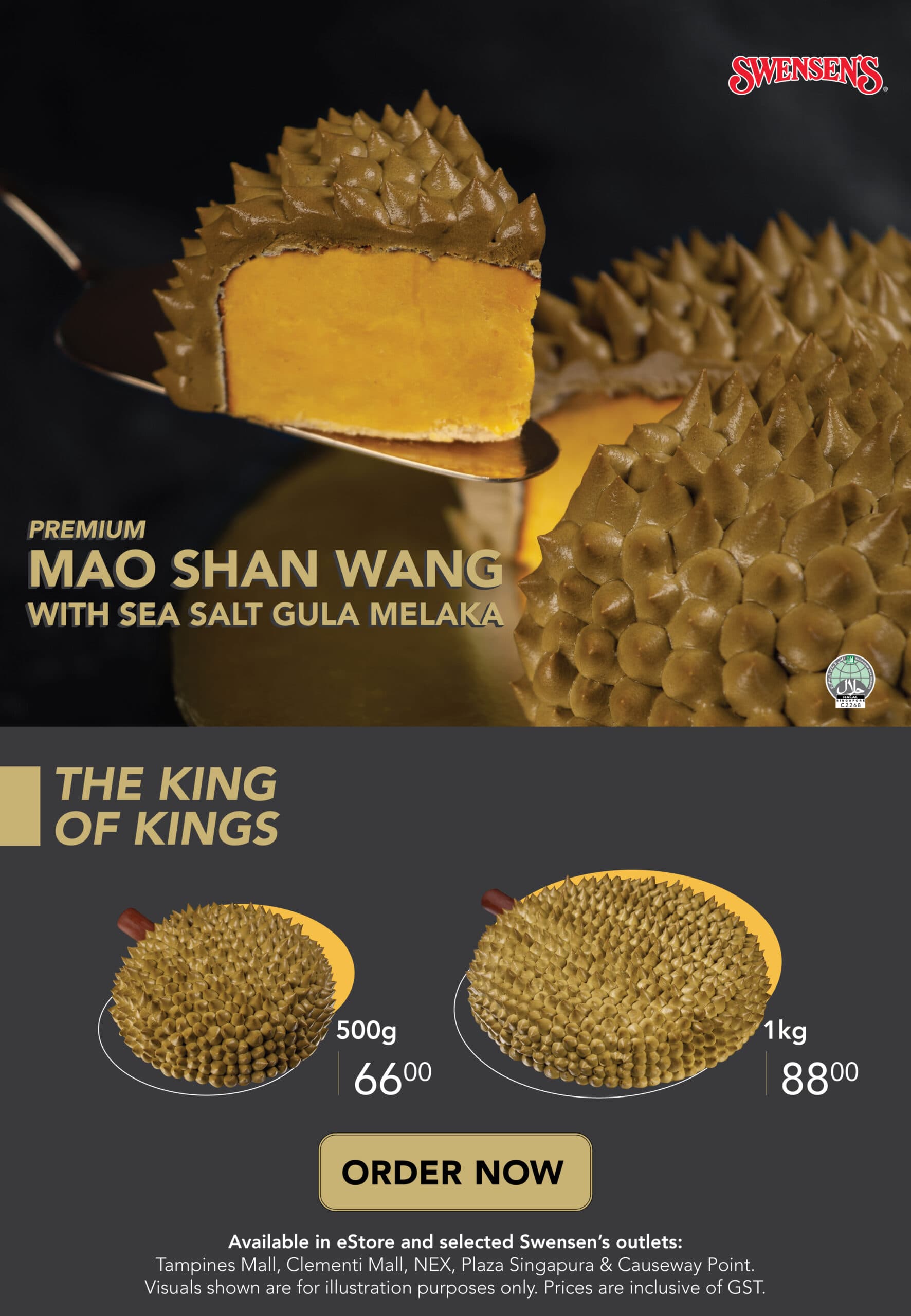Mao Shan Wang ice cream cake with sea salt gula melaka, shaped like a durian; the source artwork shows 500g and 1kg sizes.