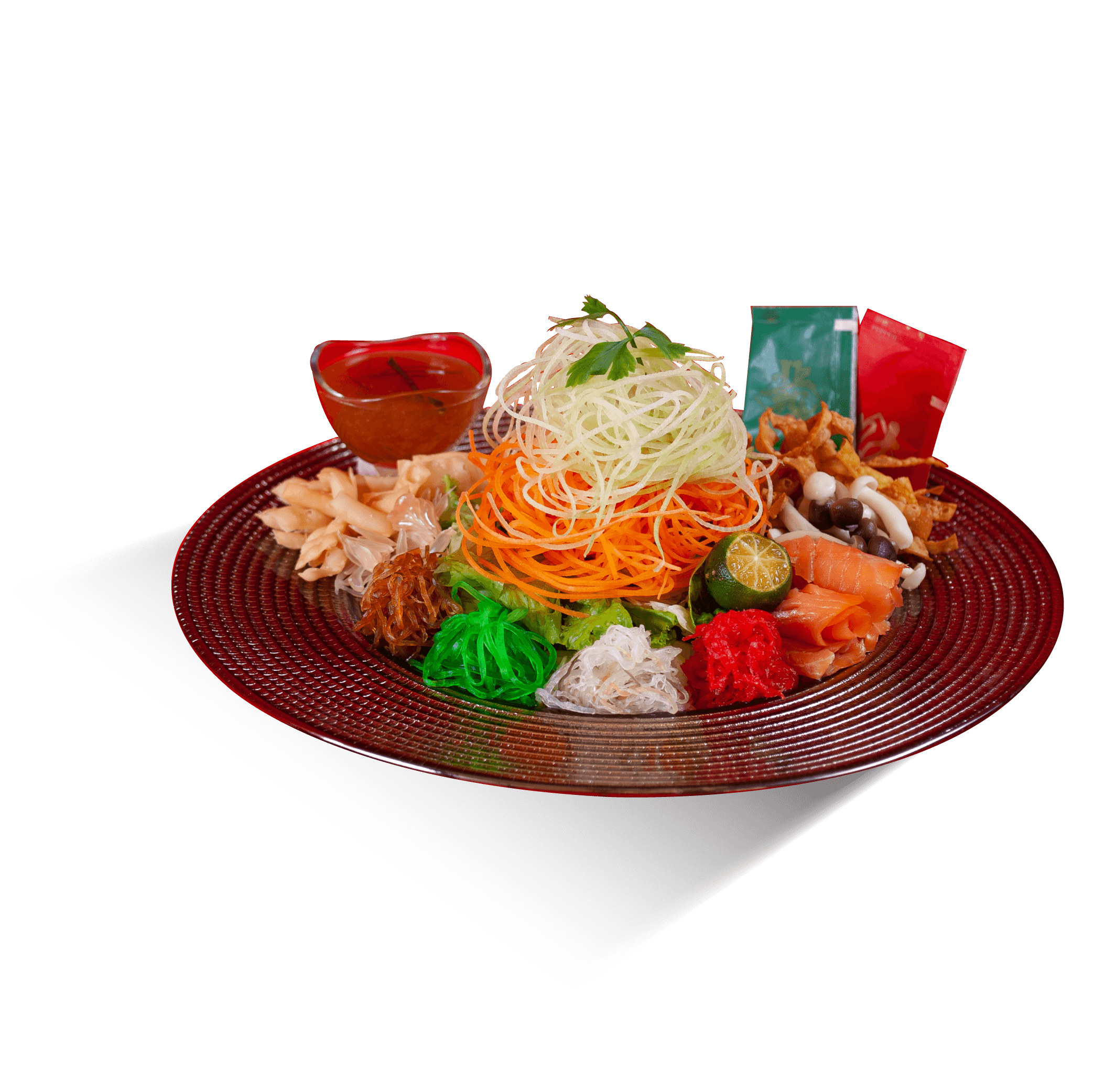 Regular yusheng platter with vegetables, seafood and dressing.