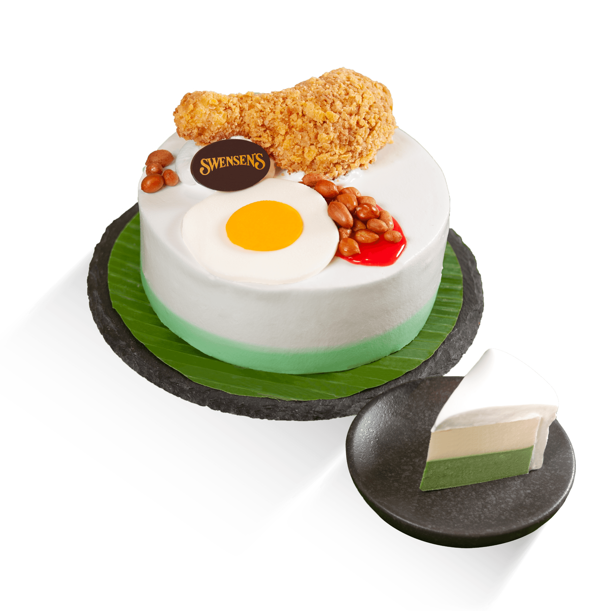 Nasi Lemak ice cream cake decorated to resemble rice, egg, chicken and accompaniments.