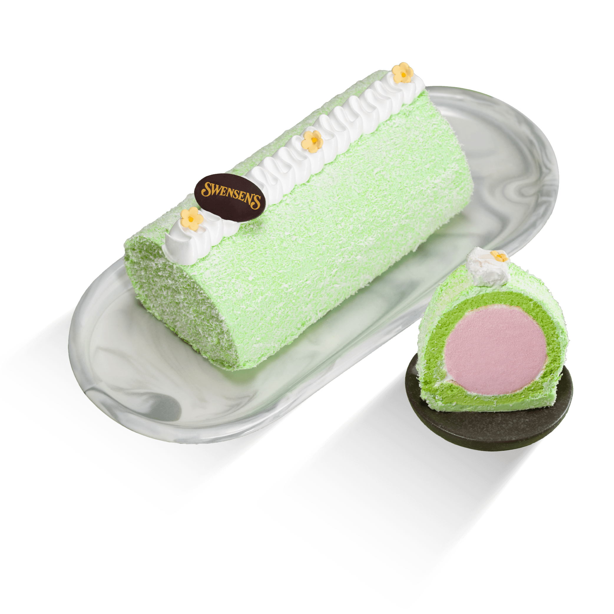 Pandan Bandung ice cream roll with a green exterior and pink centre.