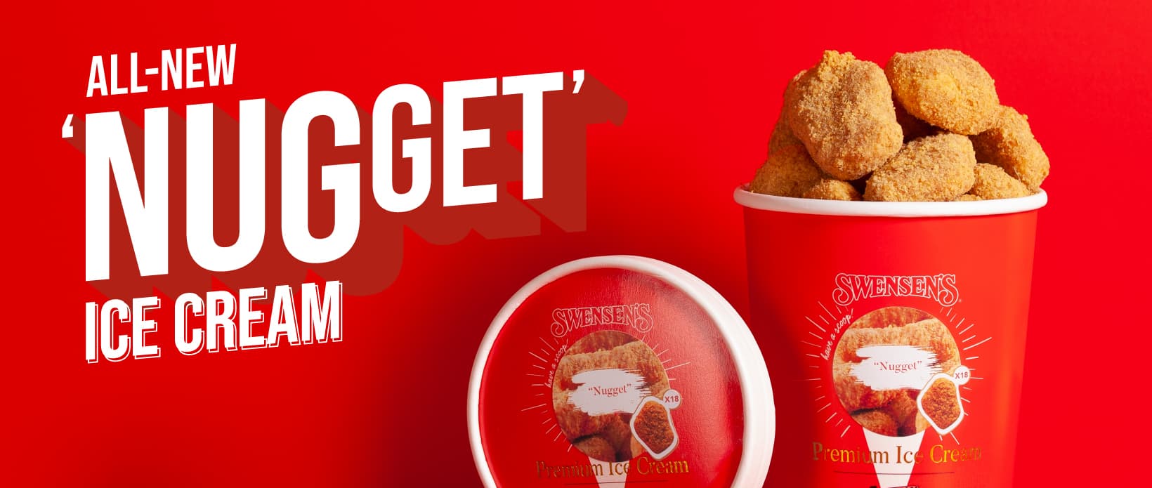 Nugget Ice Cream with a golden coating, shown in a Swensen’s pint tub.