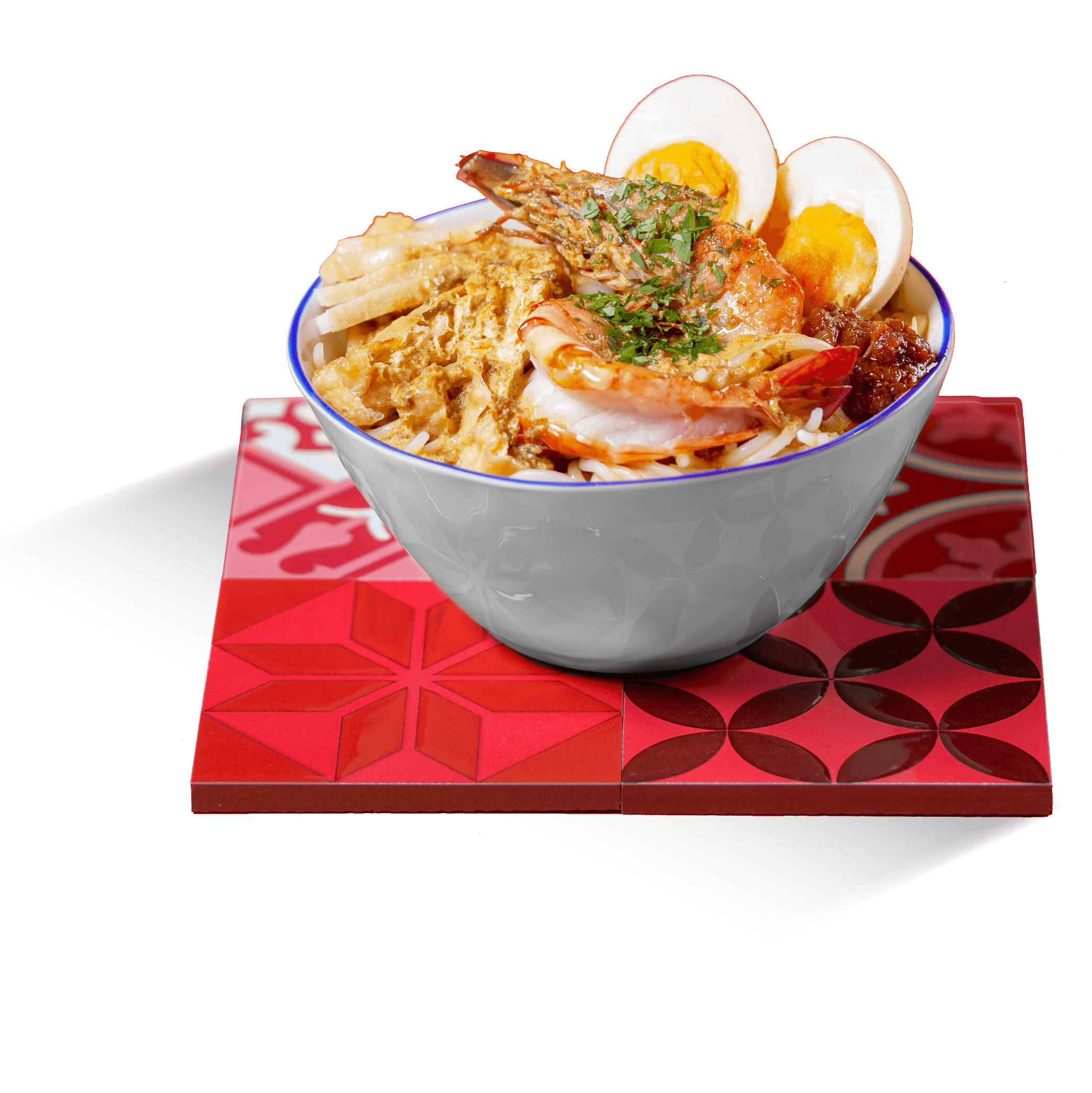 Claypot Spicy Laksa with prawns, egg and tofu.