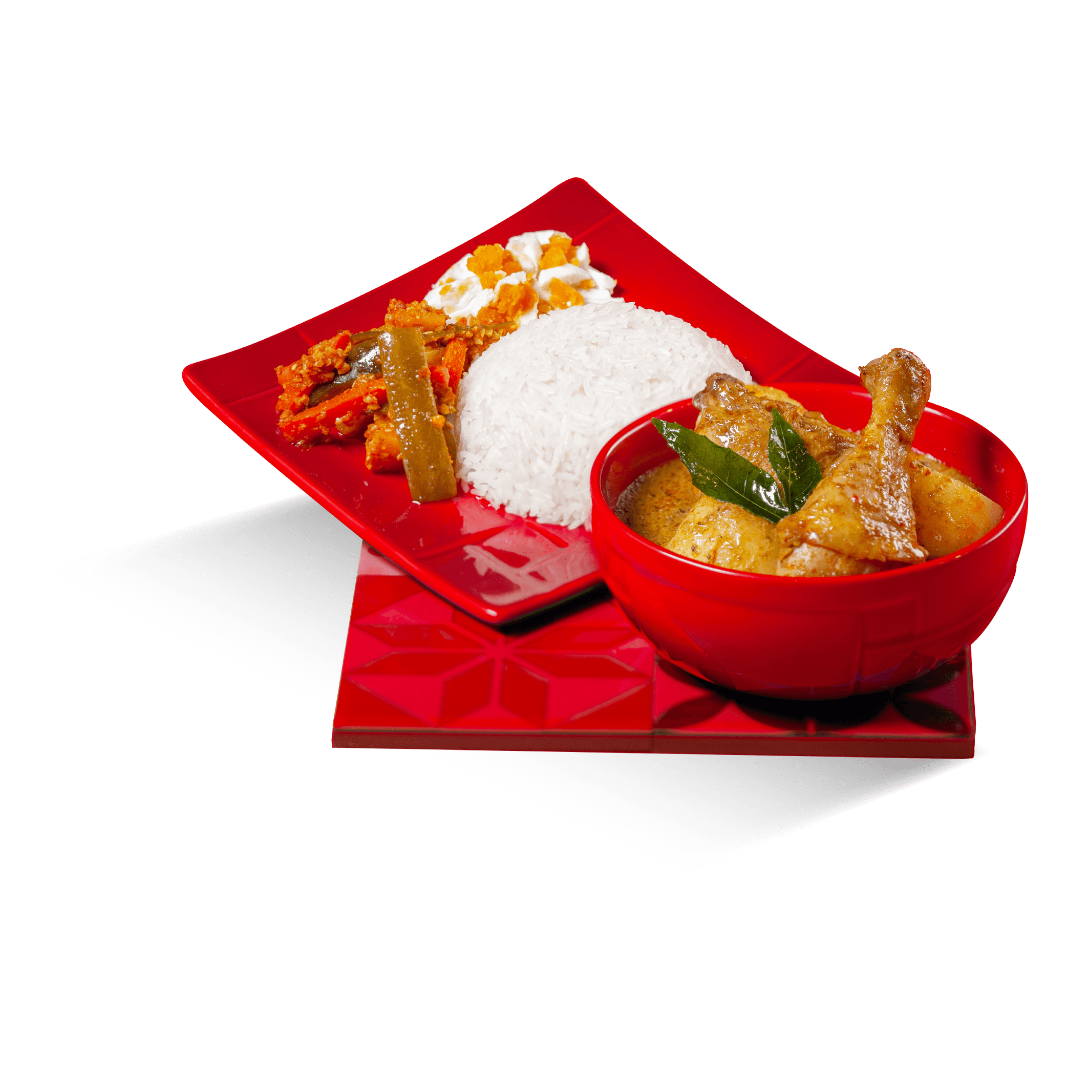 Curry Chicken served with rice and vegetables.