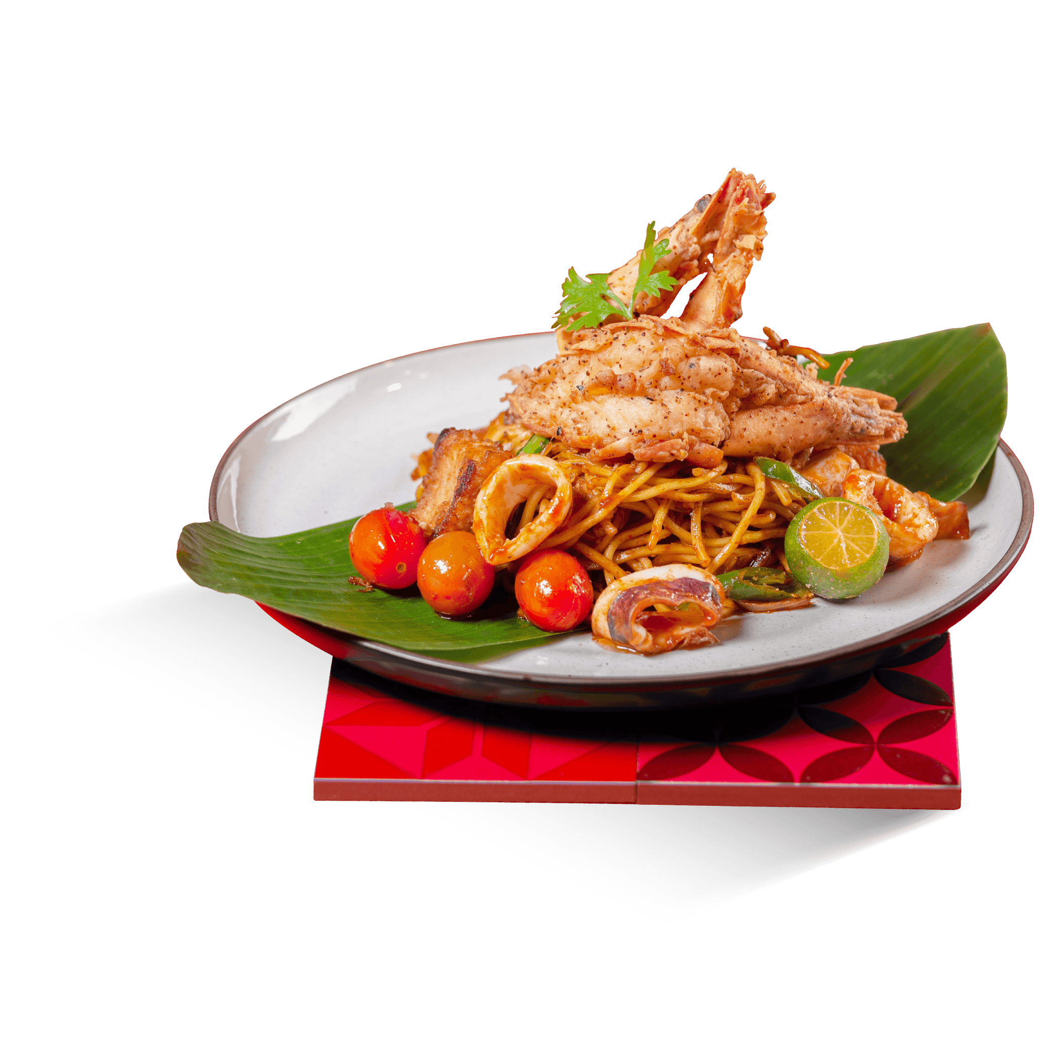Seafood Mee Goreng with prawns, squid and lime.