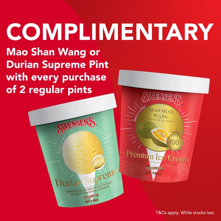 Historical durian promotion artwork offering a complimentary Mao Shan Wang or Durian Supreme pint with two regular pints, while stocks last.