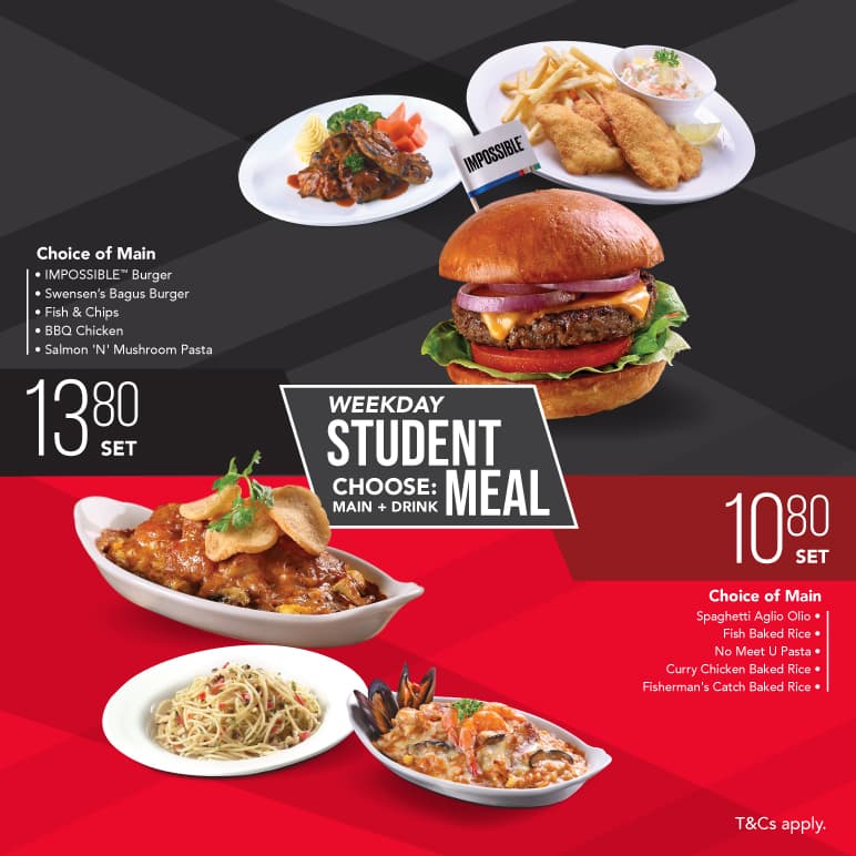 Weekday Student Meal artwork showing selected main-course sets at $10.80 and $13.80. Conditions apply.