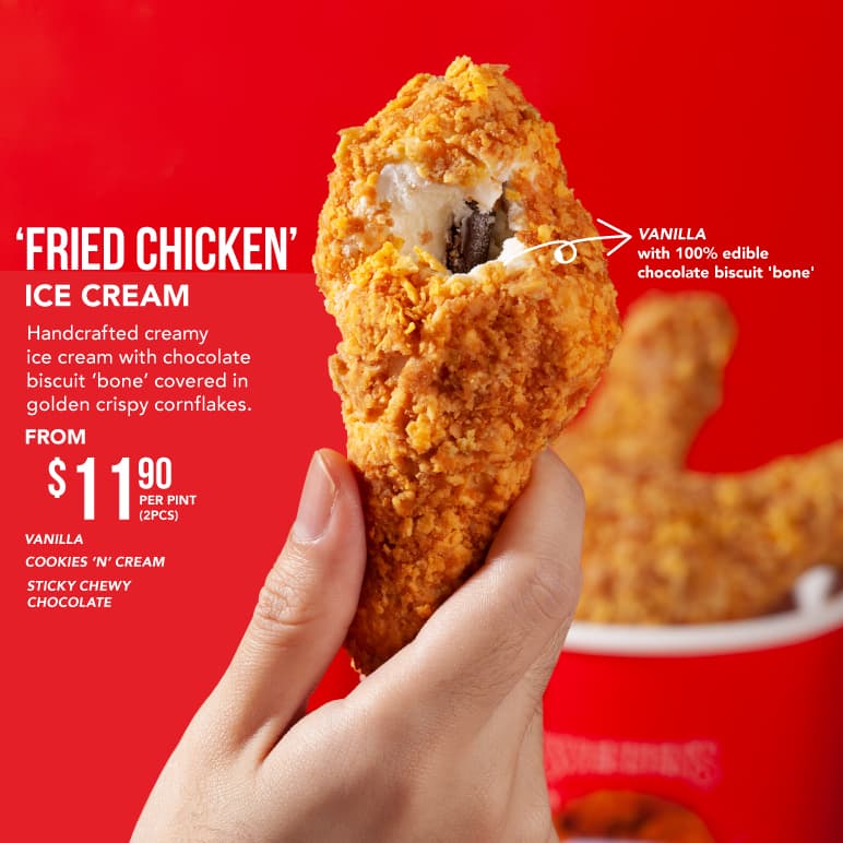 Fried Chicken Ice Cream with a crunchy coating and edible chocolate biscuit bone, advertised from $11.90 per two-piece pint.