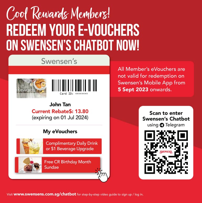 Redeem Cool Rewards eVouchers through Swensen’s Chatbot on Telegram. The artwork states that eVouchers cannot be redeemed in the former mobile app from 5 September 2023.