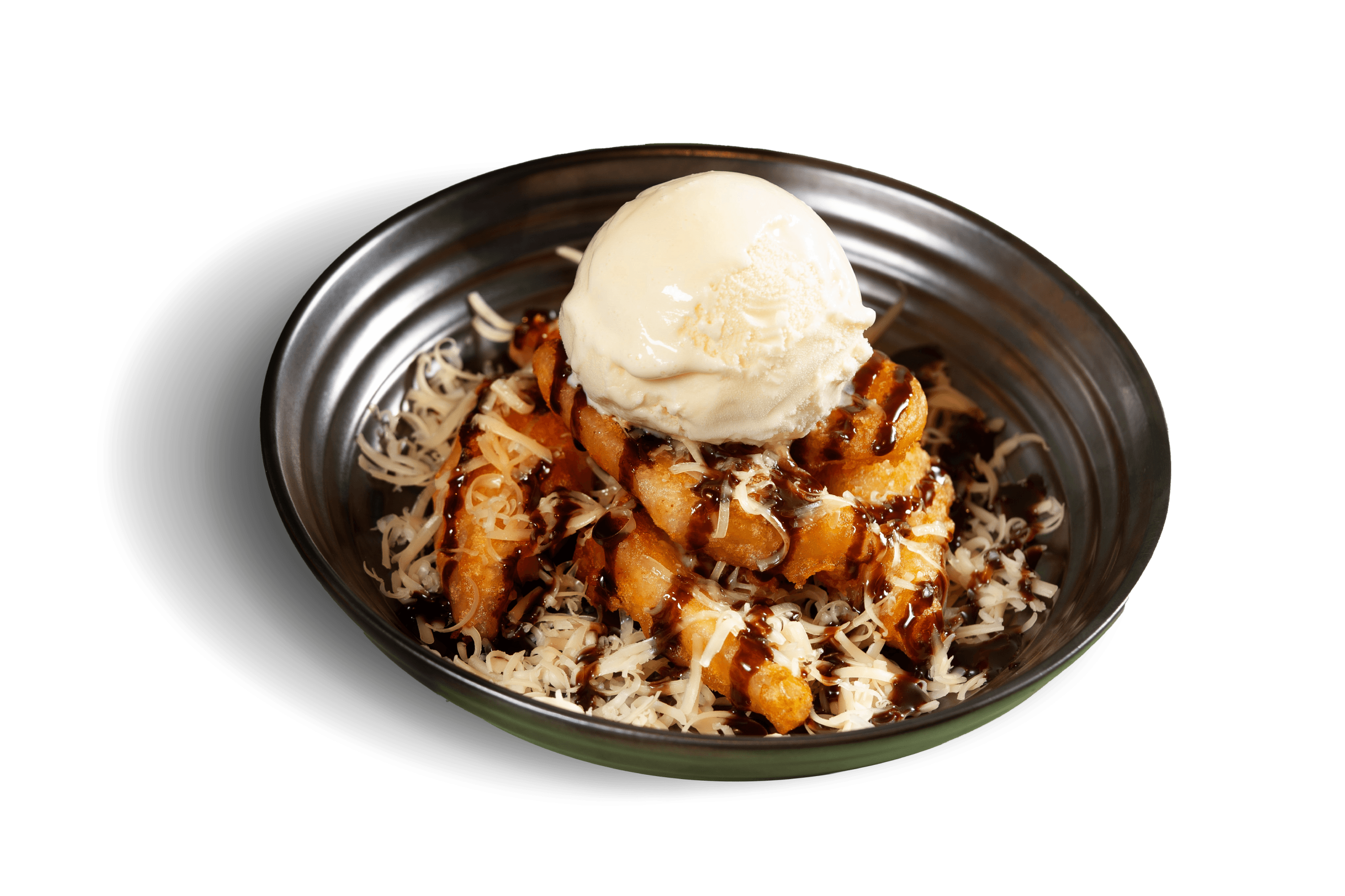 Goreng Pisang Keju with grated cheese, chocolate-hazelnut topping and vanilla ice cream.