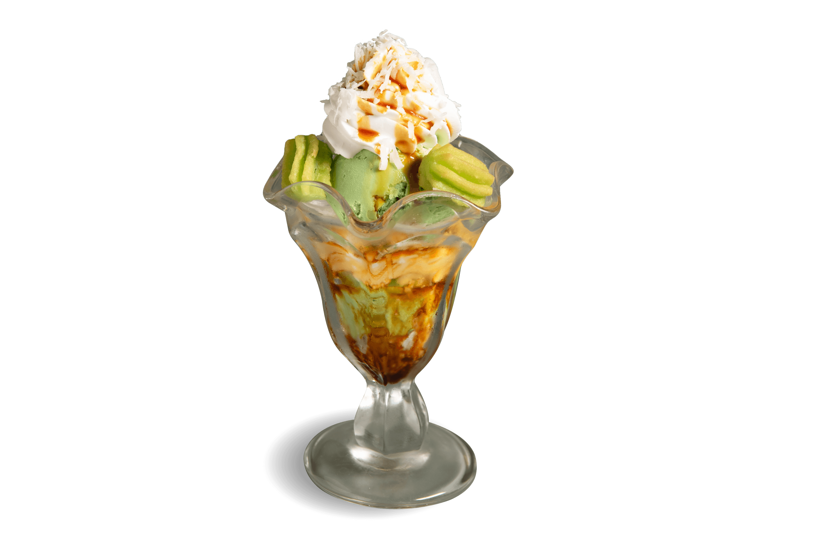 Ondeh Churros Sundae with green ice cream, churros, whipped cream and sauce.