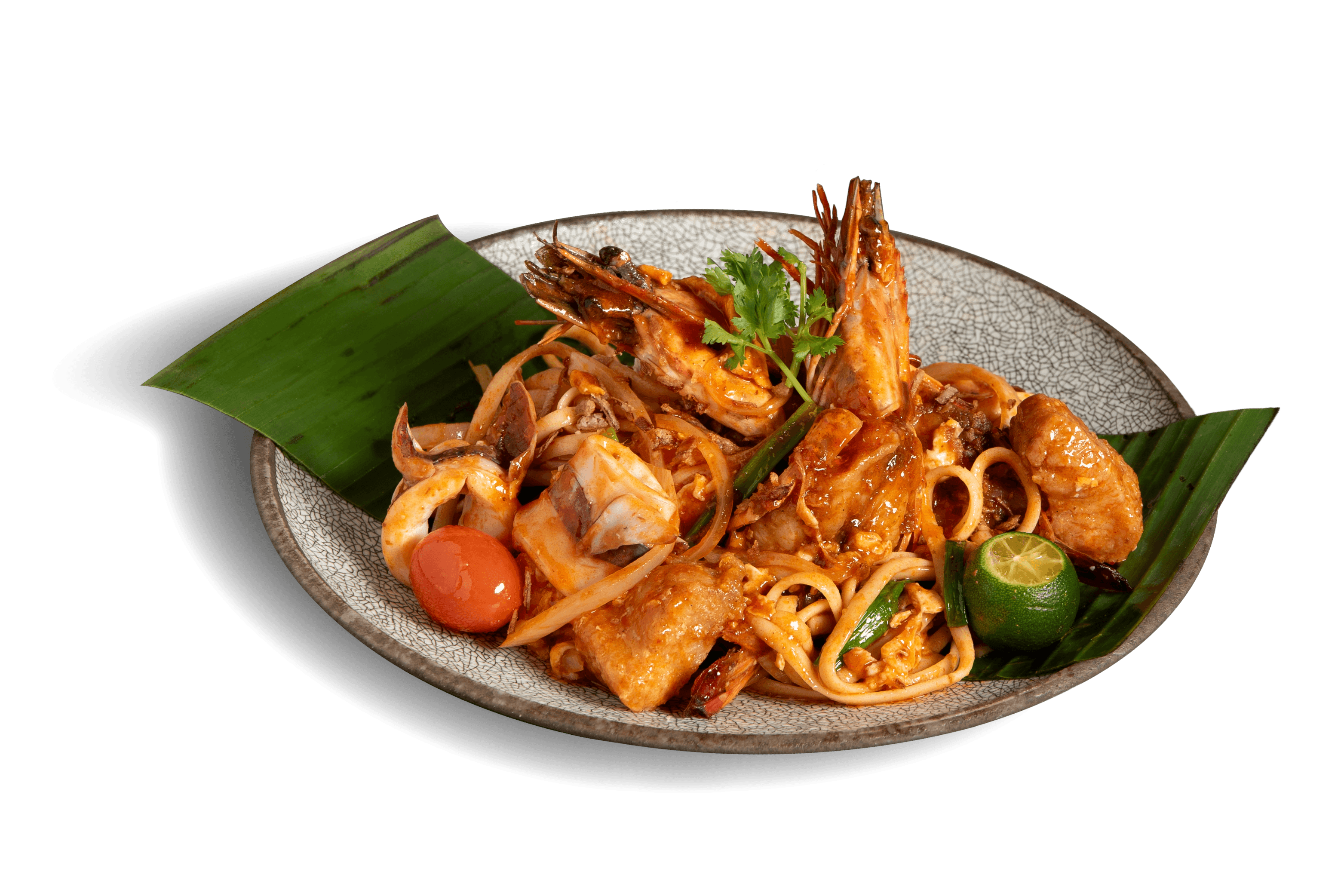 Seafood Goreng Linguine with prawns, fish, calamari and lime.