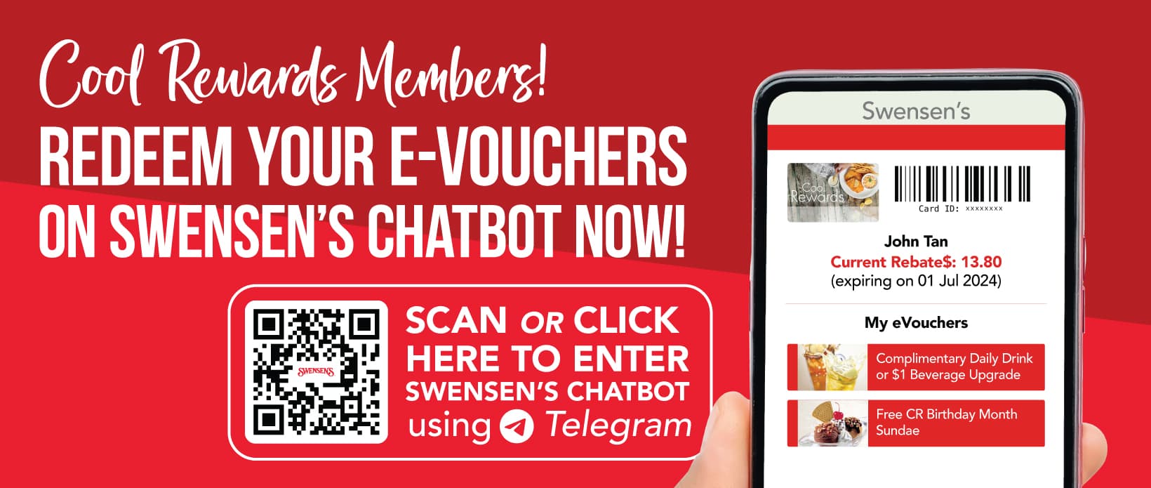 Redeem Cool Rewards eVouchers through Swensen’s Chatbot on Telegram; scan the QR code or use the chatbot link.