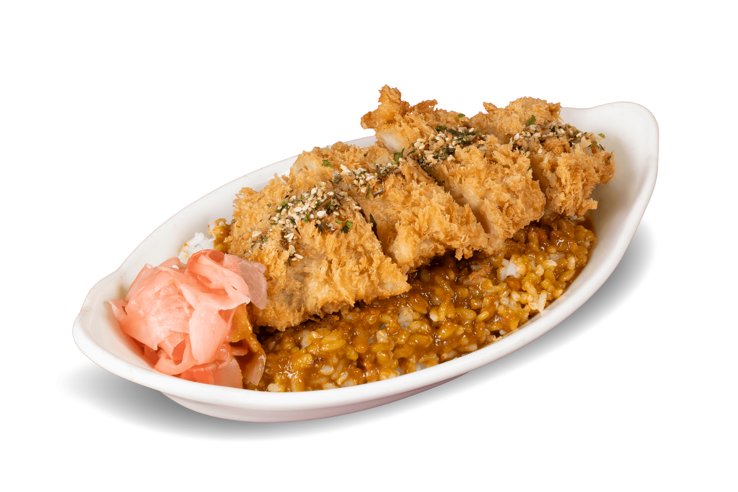 Japanese Katsu Curry Baked Rice topped with sliced breaded chicken and served with pickled ginger.