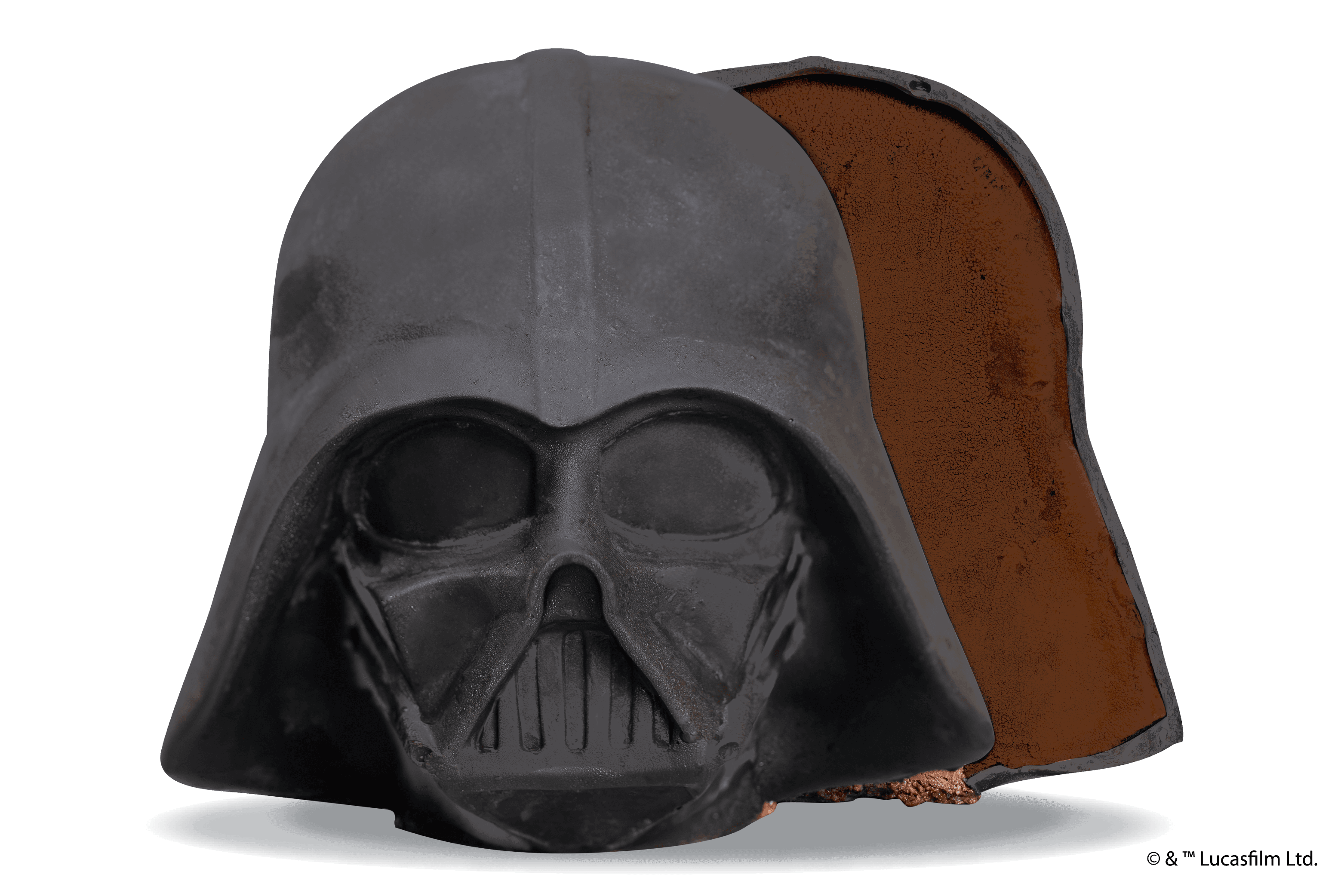Darth Vader helmet-shaped ice cream cake, cut open to show its chocolate centre.