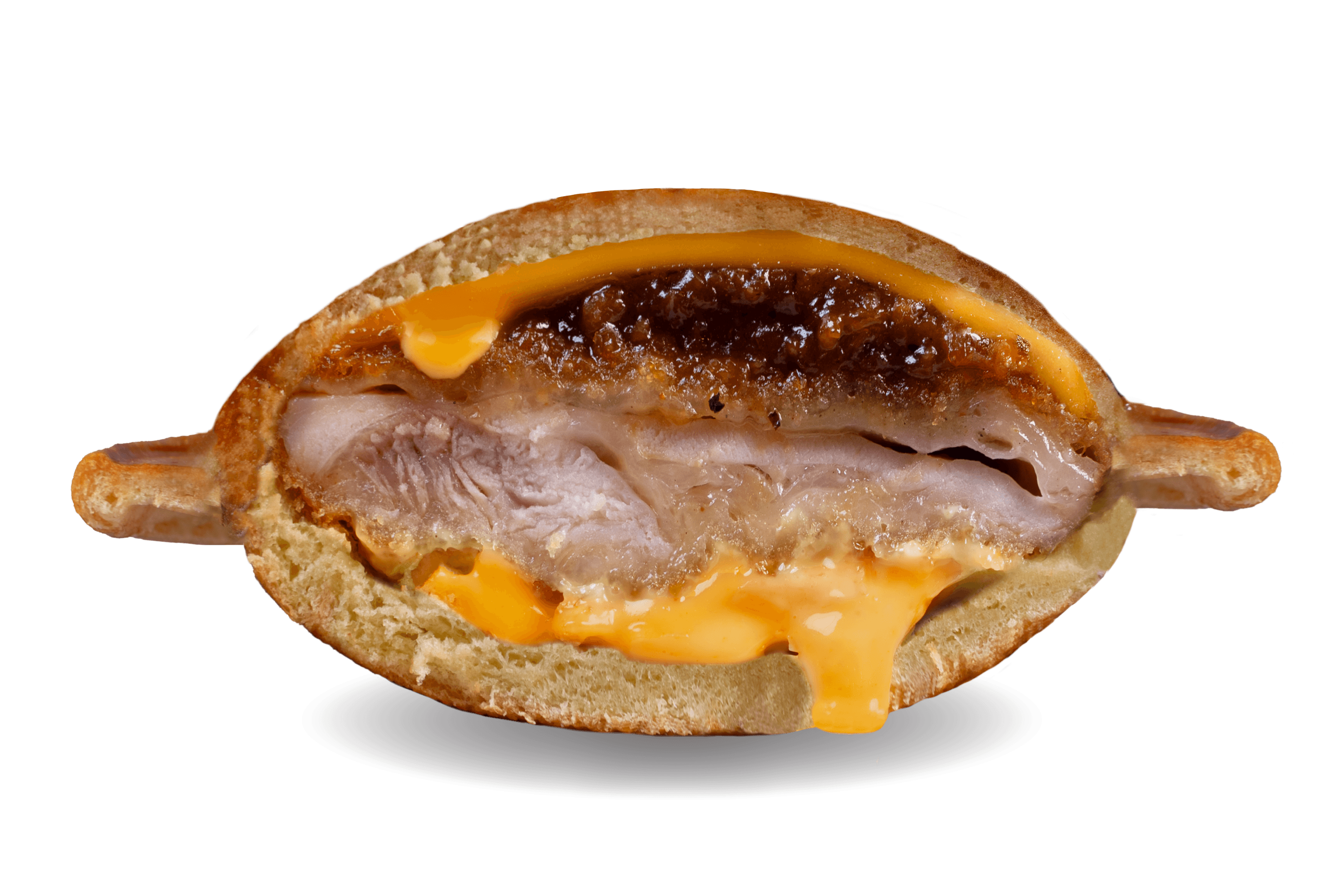 Golden Chicken Katsu UFO Burger, cut open to show the chicken and cheese filling.