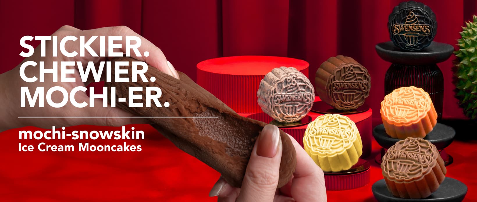 Mochi-snowskin ice cream mooncakes in five flavours, with the words “Stickier. Chewier. Mochi-er.”