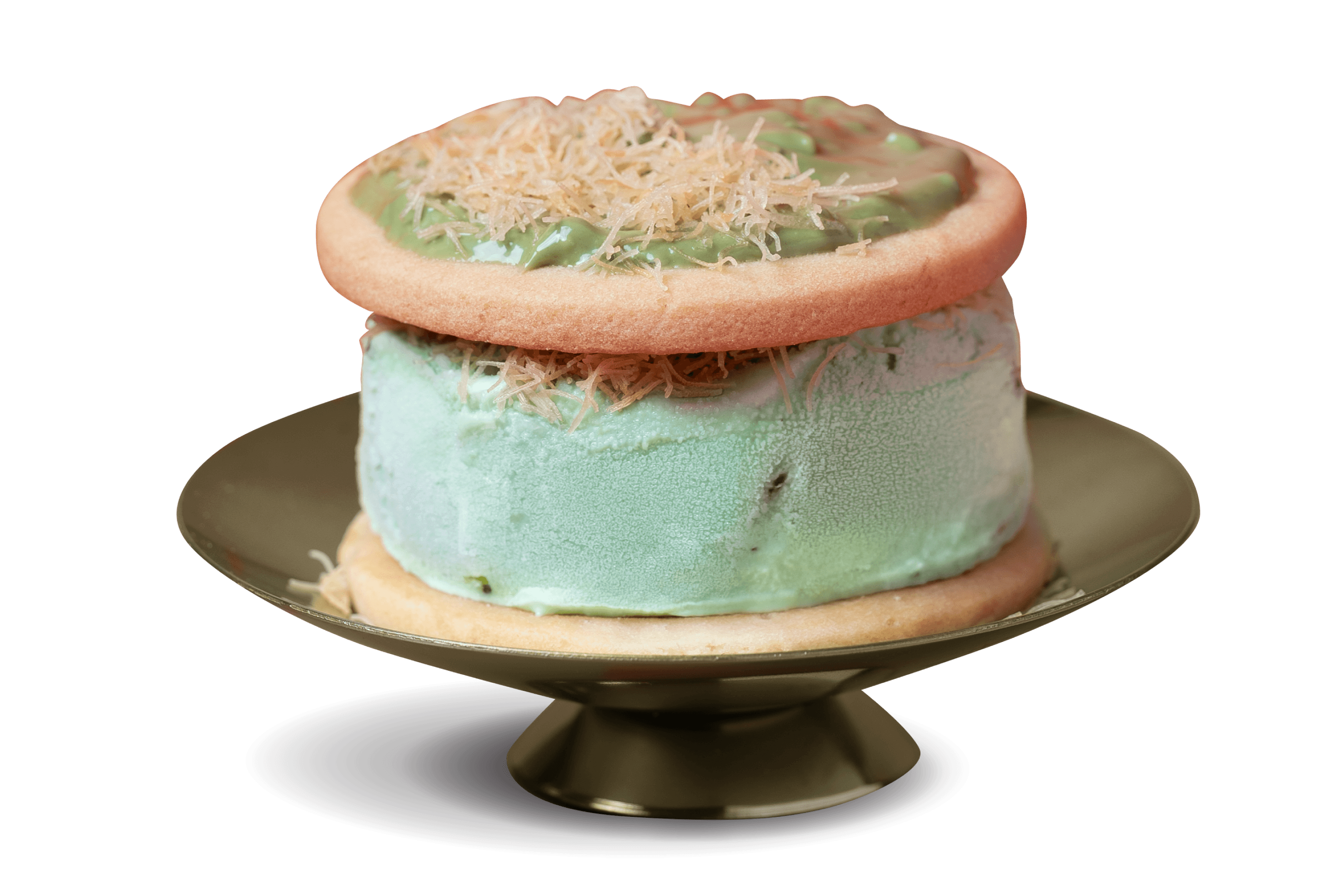 Mint To Be Mine Cookiewich with green ice cream, pistachio drizzle and kunafa flakes between butter cookies.