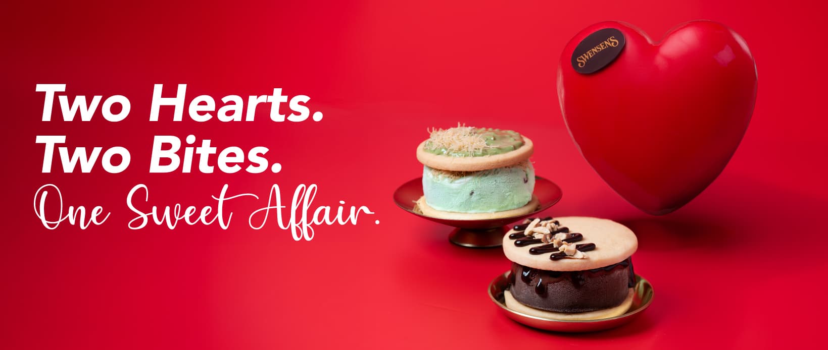 Valentine’s Day selection: a red heart-shaped ice cream cake and two Cookiewich desserts.