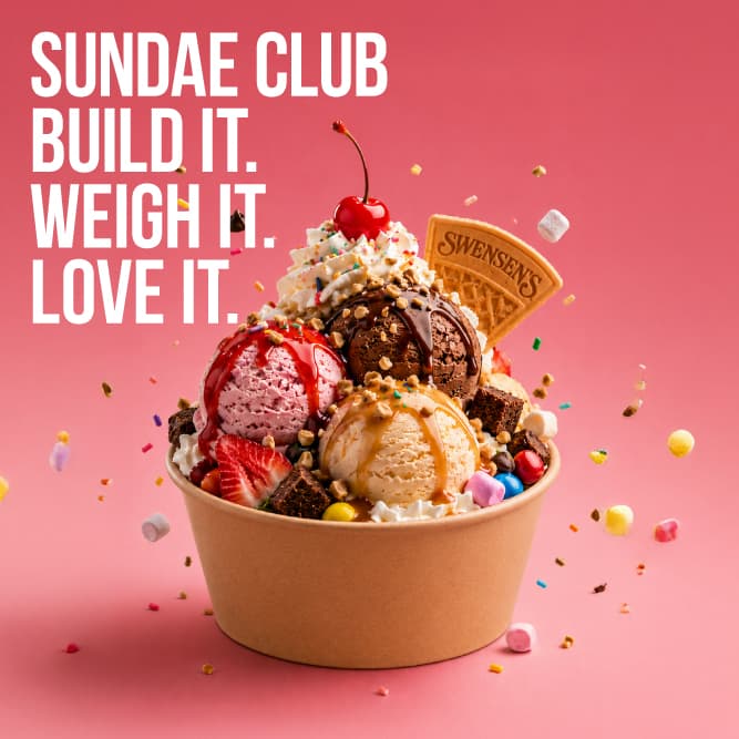Sundae Club: a bowl of ice cream with toppings, with the words Build it. Weigh it. Love it.