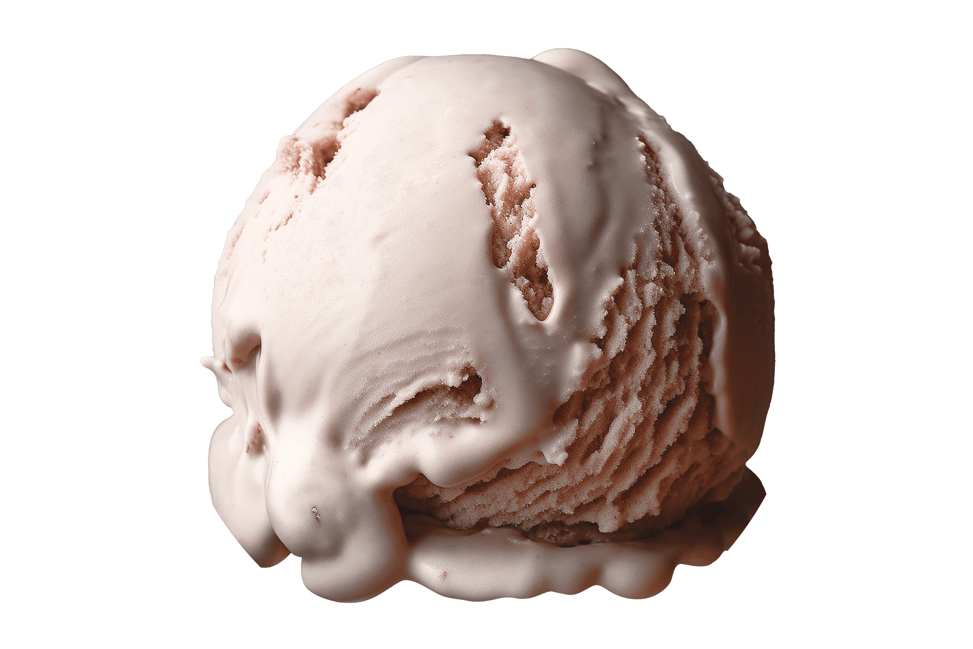 Close-up of a pale pink ice cream scoop against a black background, showing smooth surface and subtle texture.