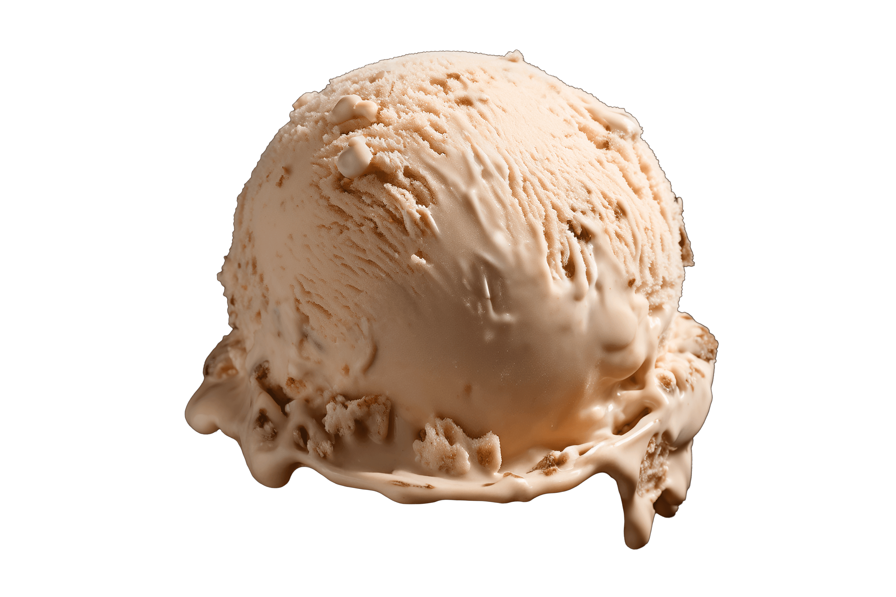Close-up of a caramel-colored ice cream scoop melting on a black background.