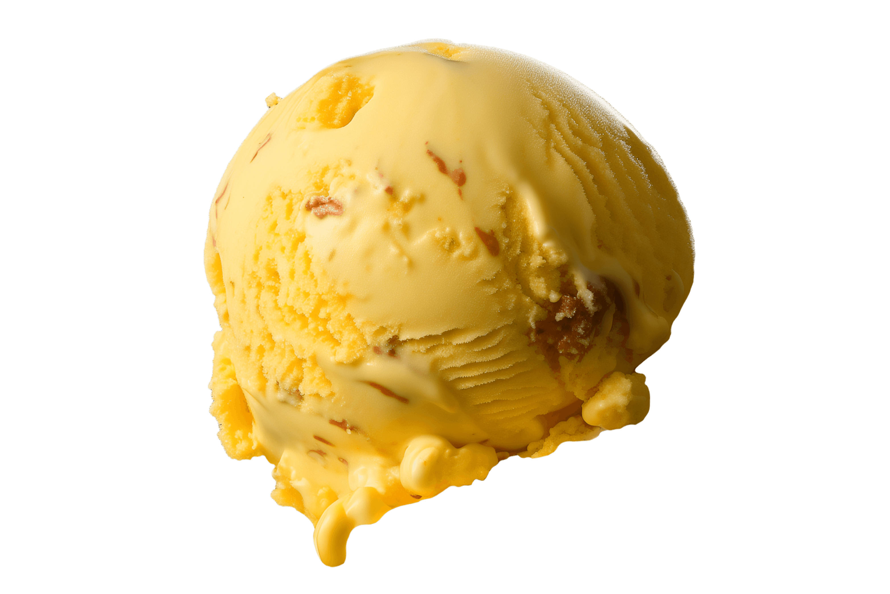Yellow ice cream scoop with creamy sauce drizzled over it, set against a black background.