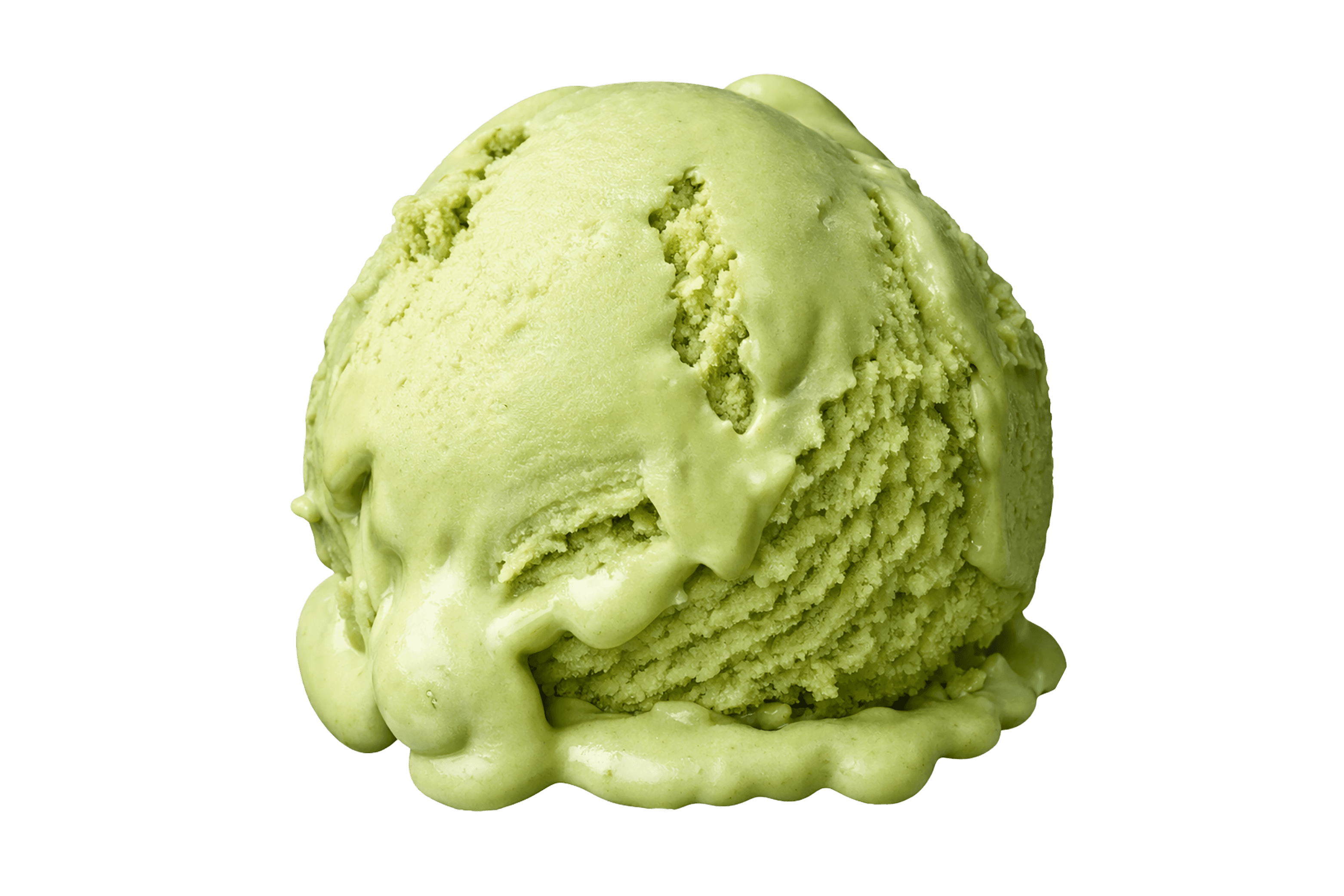 Close-up of a pistachio ice cream scoop with melting edges against a black background.