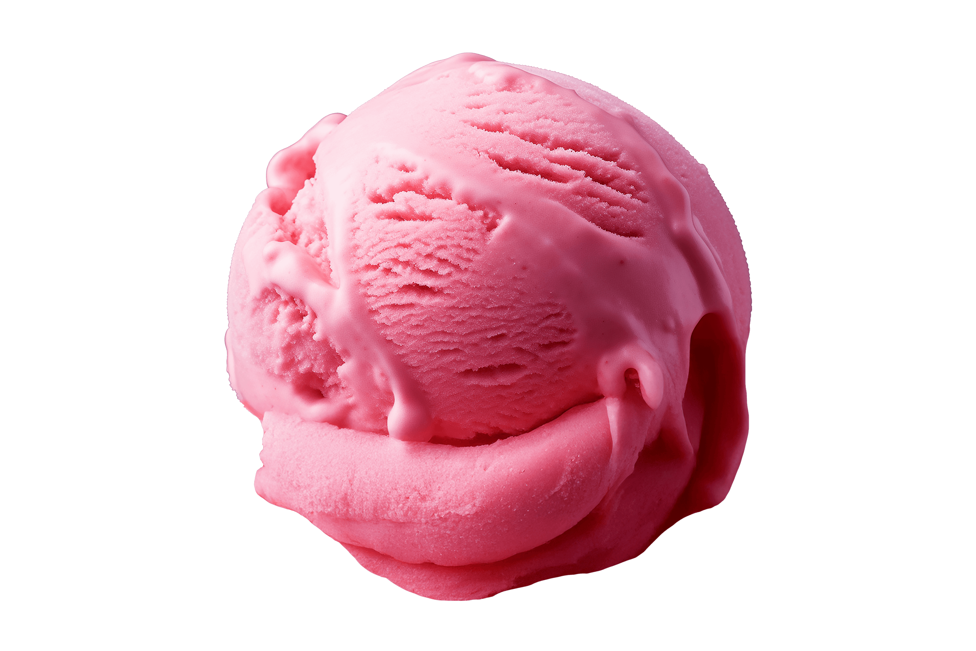 Pink ice cream scoop with glossy melted syrup on a black background, close-up detail.