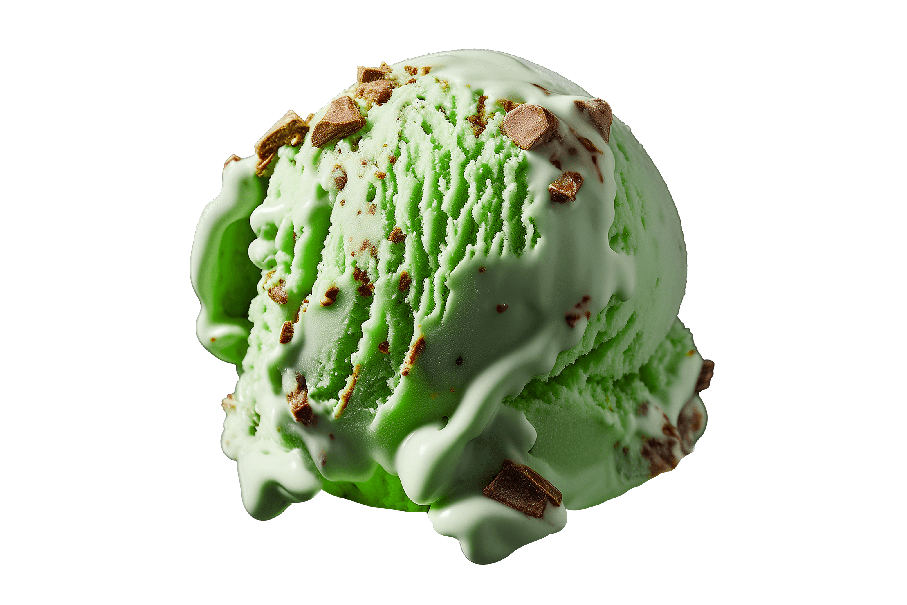 Mint-green ice cream scoop topped with white drizzle and small chocolate chunks against a black background.