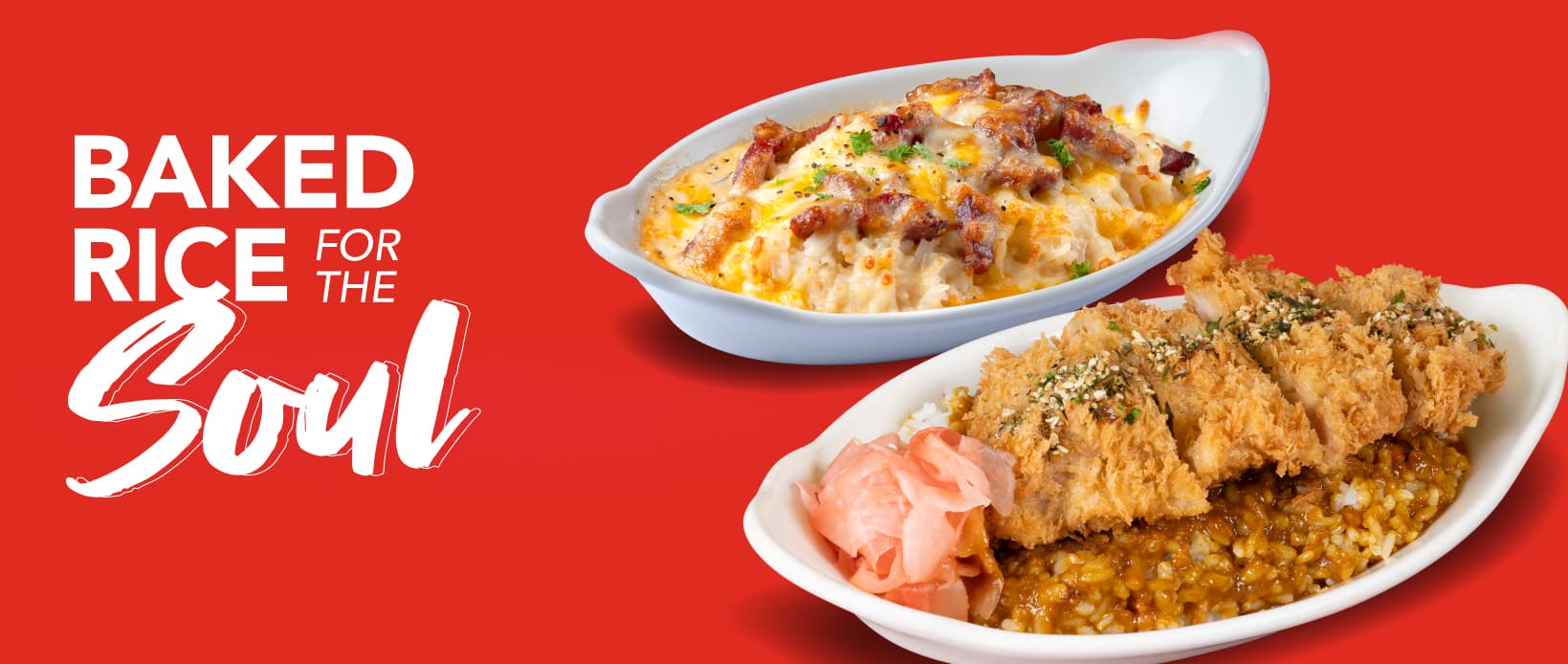 Promotional banner showing two white bowls of baked rice dishes on a red background with bold 'Soul' text on the left.
