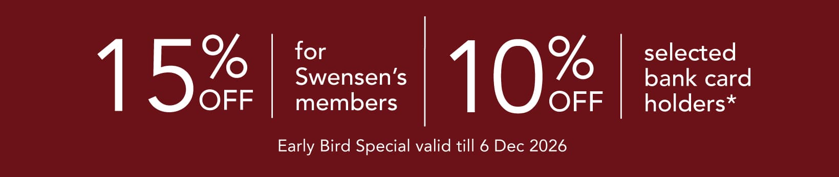 Promotional banner: 15% off for Swensen's members and 10% off for selected bank card holders, until Dec 6, 2026.