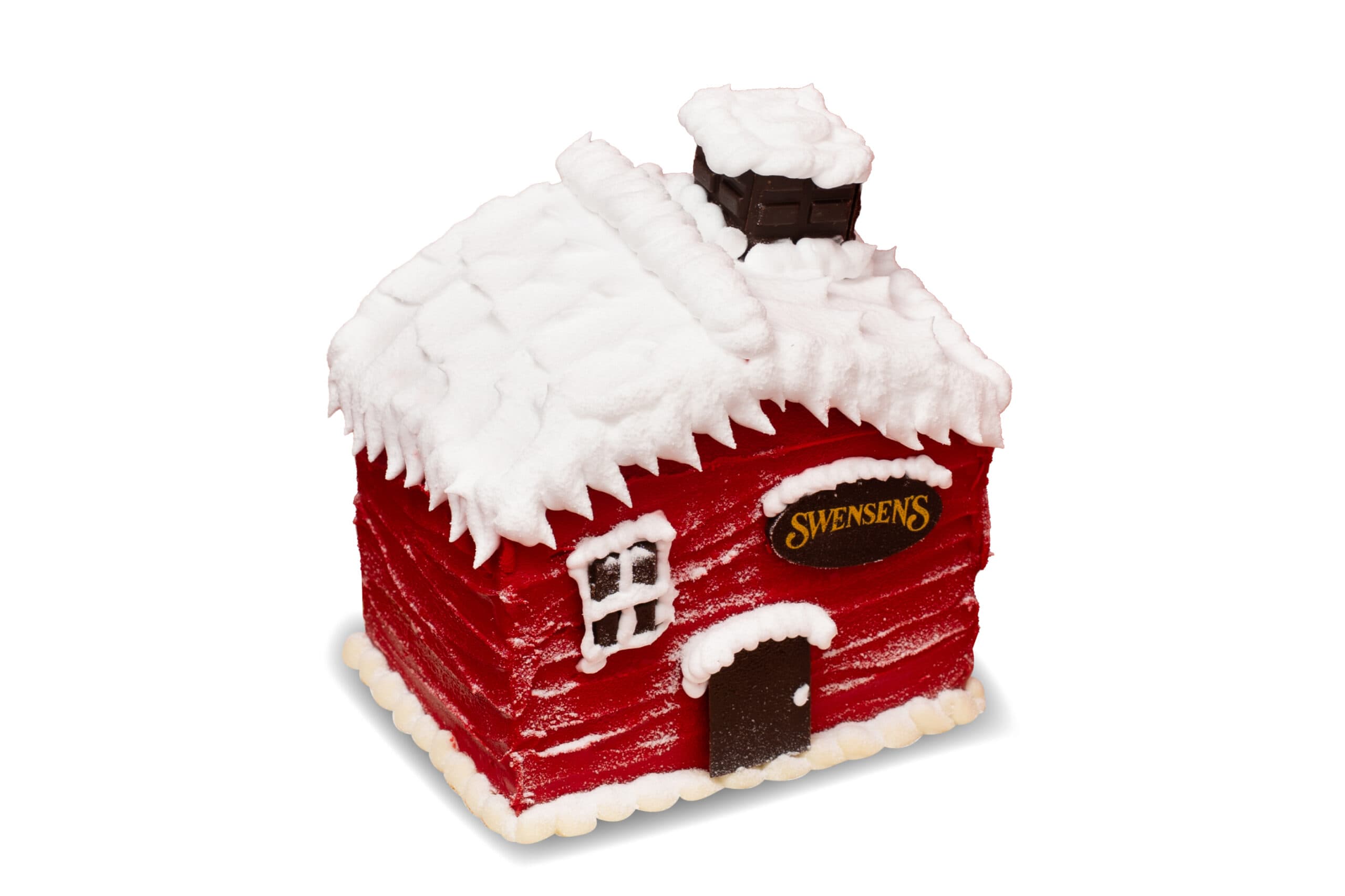 Swensen’s Sweet Home red cottage cake with a snowy white roof and chocolate door