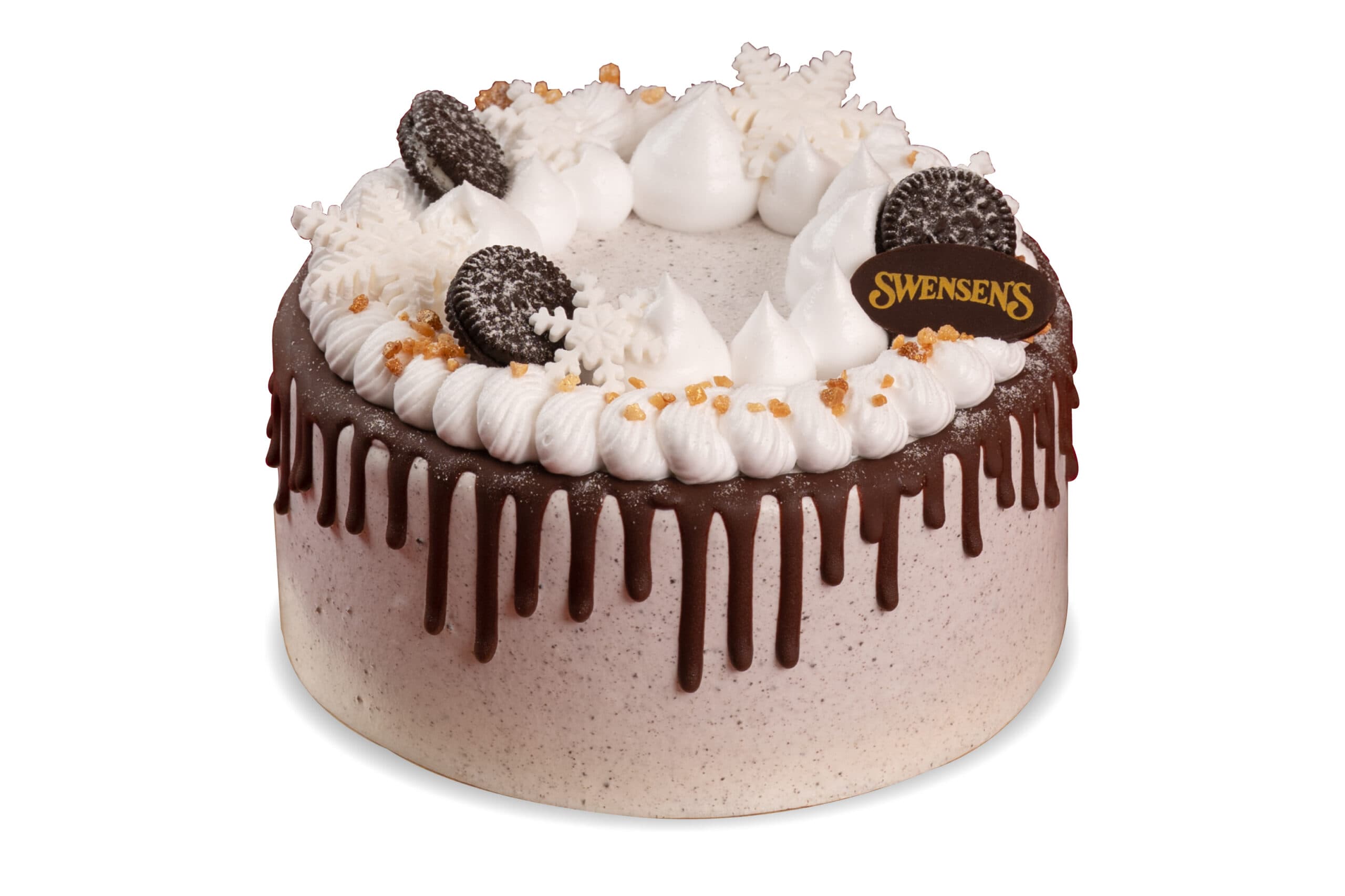 Let It Snow cake with chocolate drips, cream swirls, mini cookies and snowflake decorations