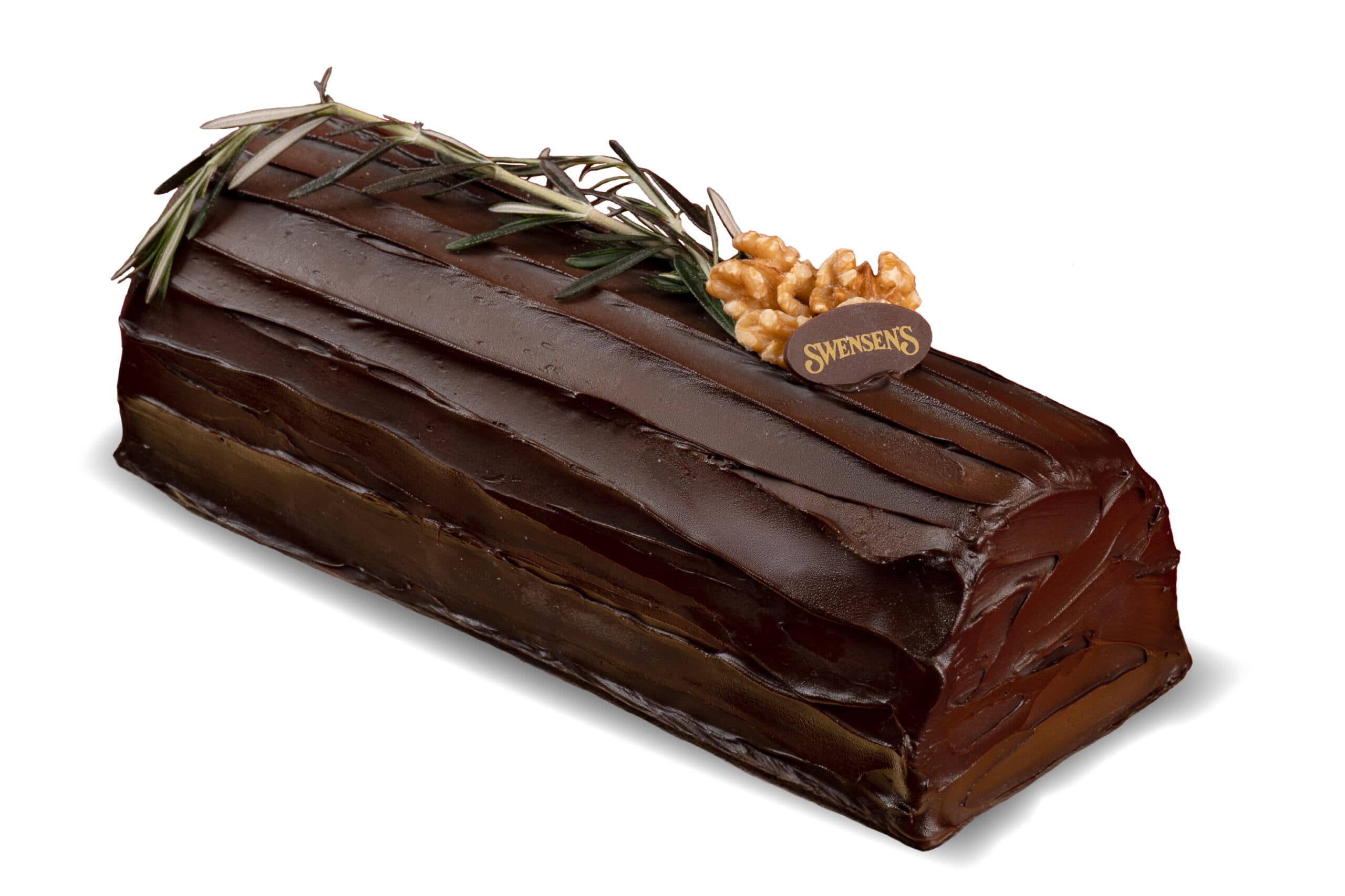Merry Giftmas chocolate log cake with rosemary and walnut decorations