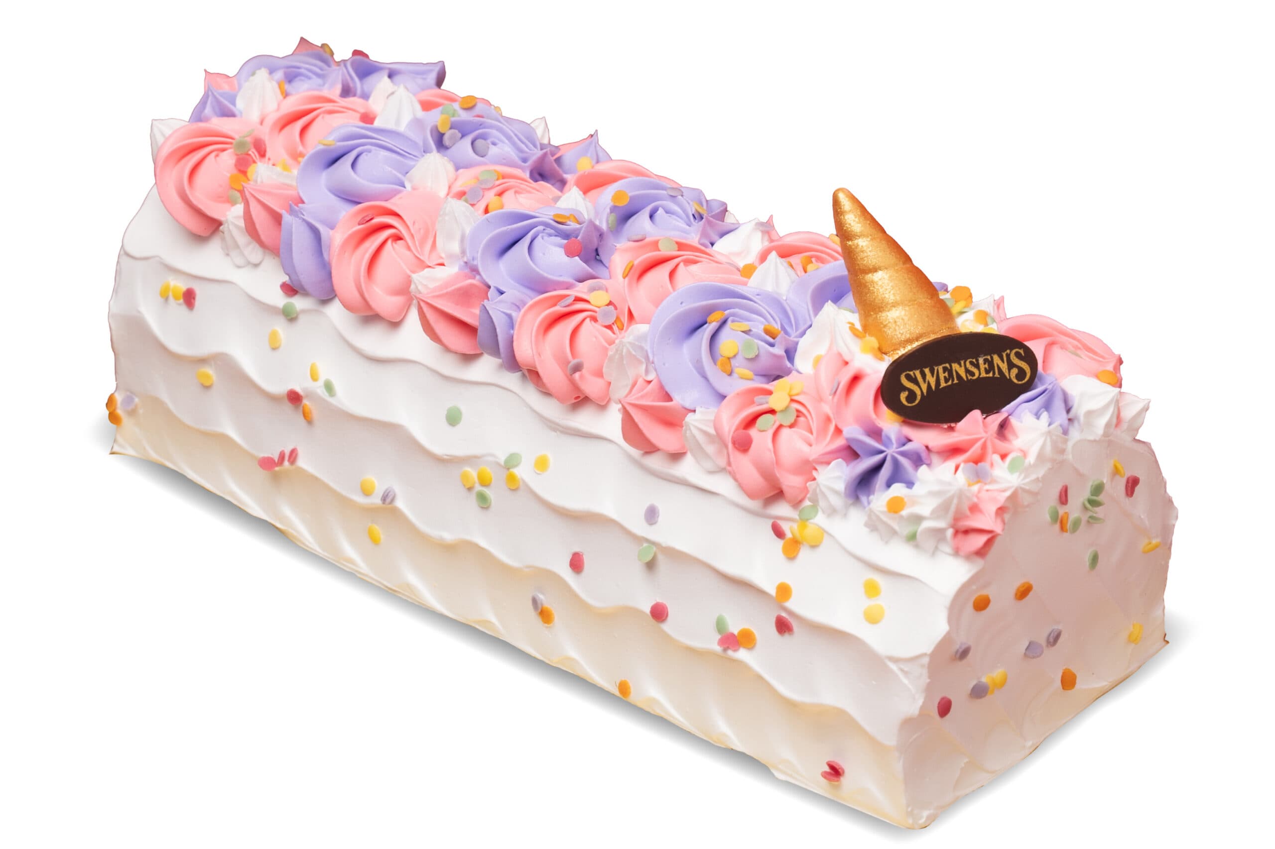 Merry Mochi Unicorn log cake with pink and purple swirls, sprinkles and a golden horn