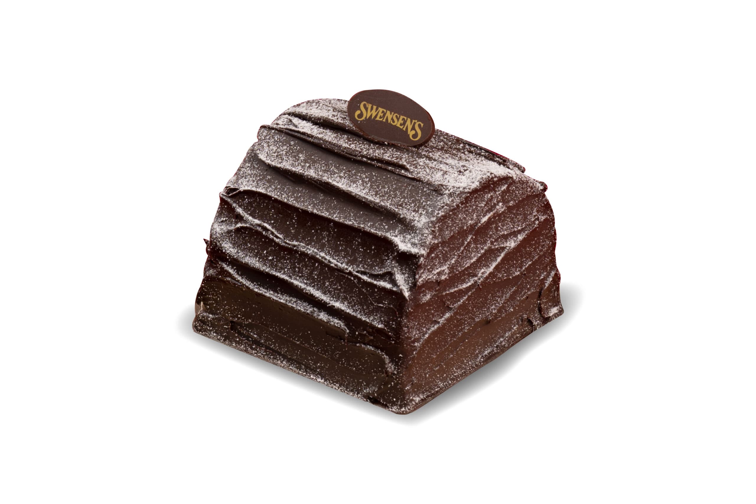 Nice Chewy mini chocolate log cake with a snowy dusting and Swensen’s plaque