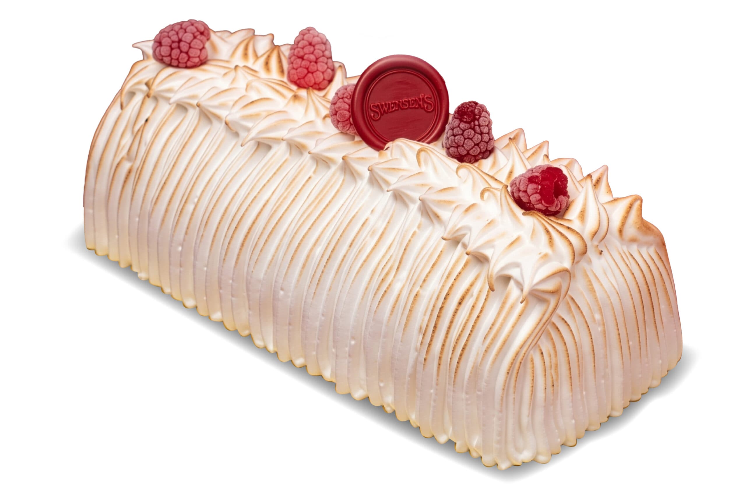 Swensen’s Special log cake covered in ridged toasted meringue with raspberry decorations