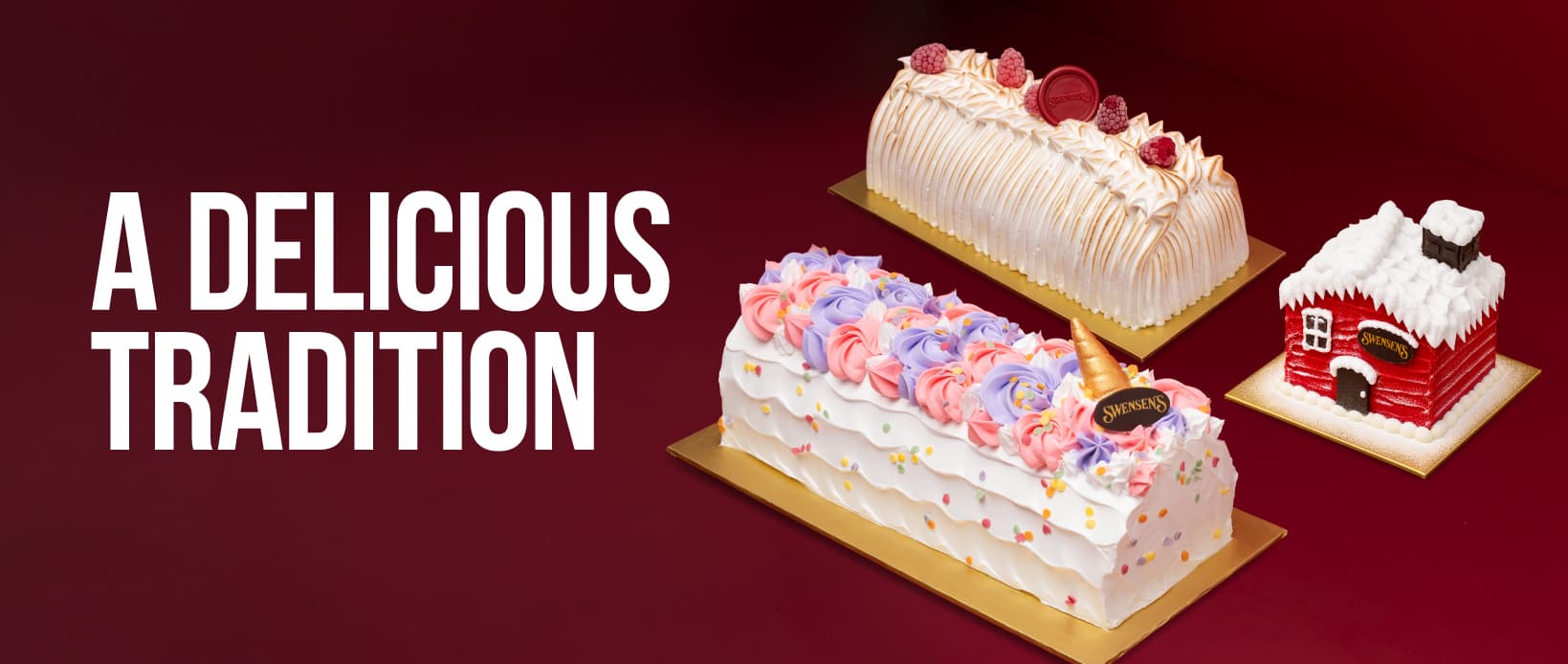 Banner with the slogan A DELICIOUS TRADITION on the left and three decorative cakes on a burgundy background.