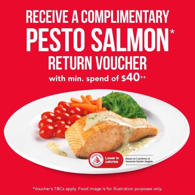 Promo banner offering a complimentary pesto salmon voucher with a minimum spend; plate of salmon with vegetables on a white dish.