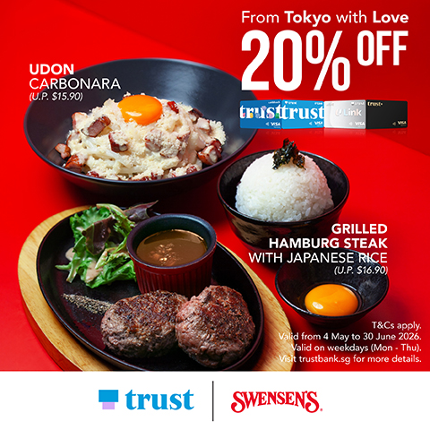 Promo image showing Udon Carbonara and grilled hamburger steak with Japanese rice on a red background, advertising 20% off from Tokyo with Love, with Trust and Swensen's logos and a Trust card graphic.