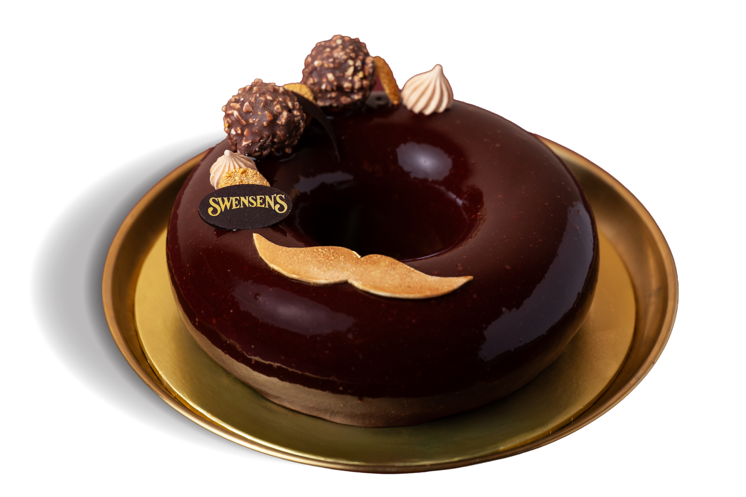 20260416_SW_FDay_Website - Swensen's Singapore Glossy chocolate cake on a gold platter, topped with chocolate truffles, gold leaf, and a Swensen's logo plaque.