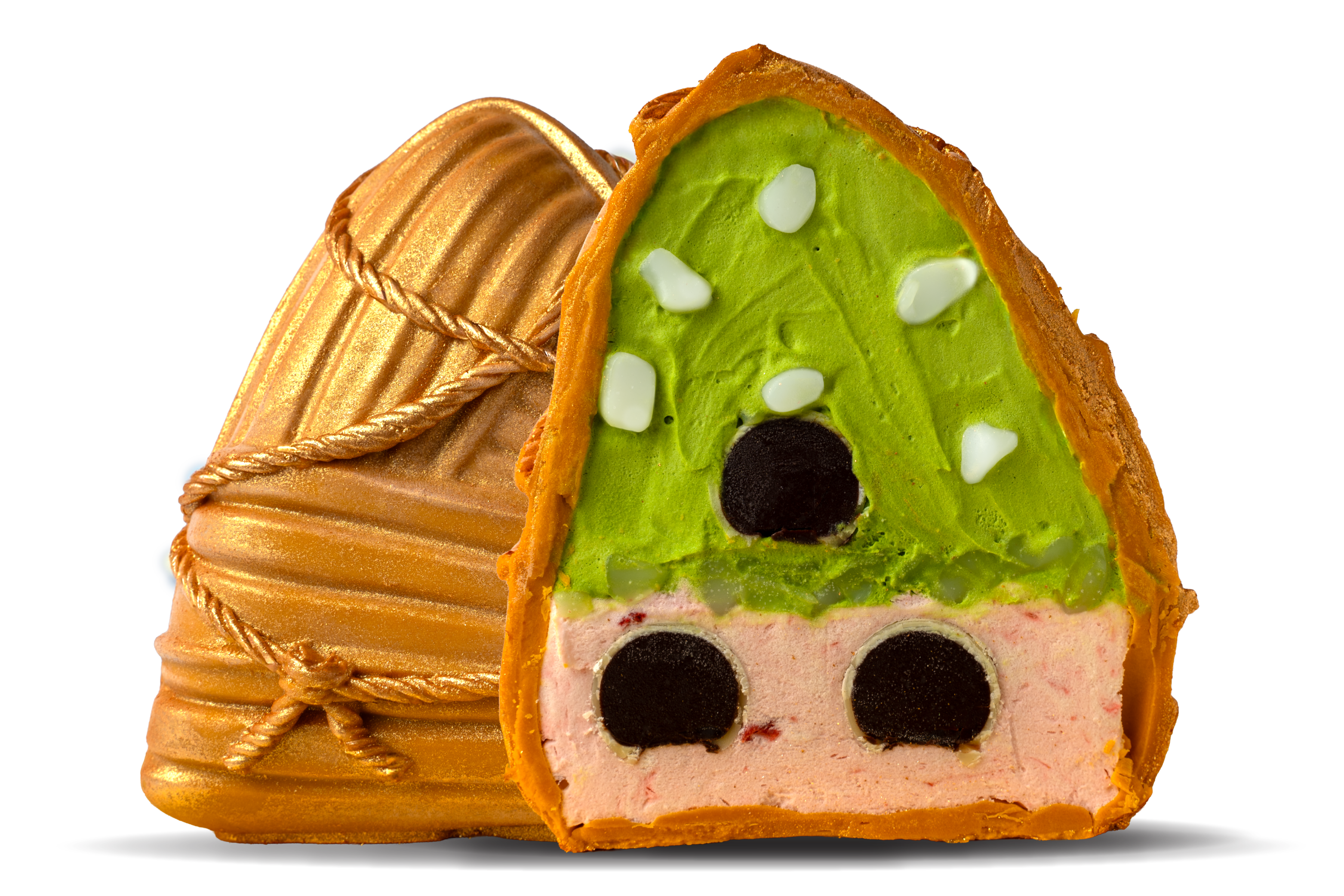 20260504_SW_DBF_Website_Strawberry Matcha Zer0 Stack of decorative cookies shaped like a house: orange glazed brick-like cookie next to a green-iced front with white candy chips and chocolate centers.