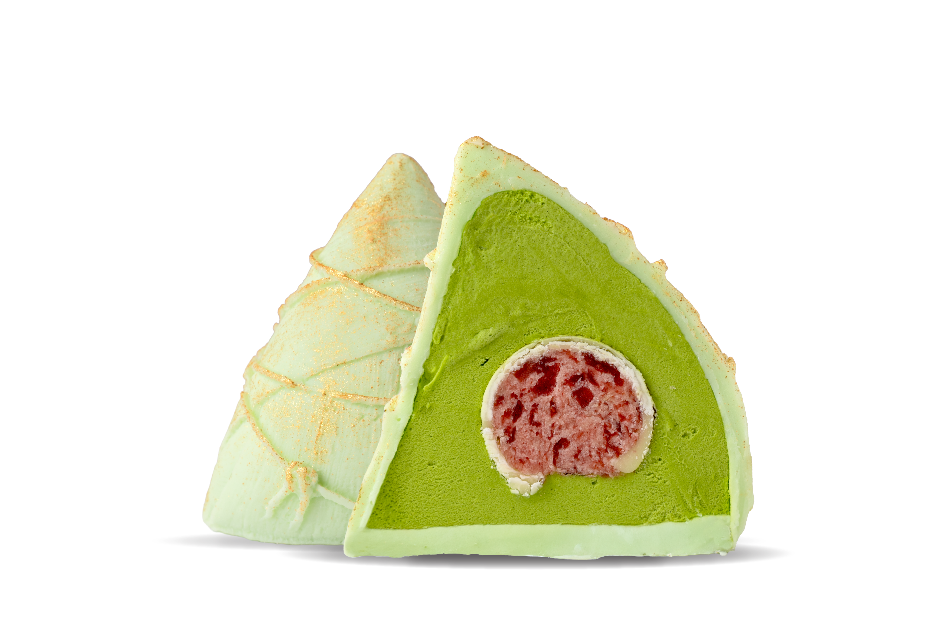 20260504_SW_DBF_Website_Strawberry Matcha Mint-green geometric cake slice with a pink center and gold speckled edges