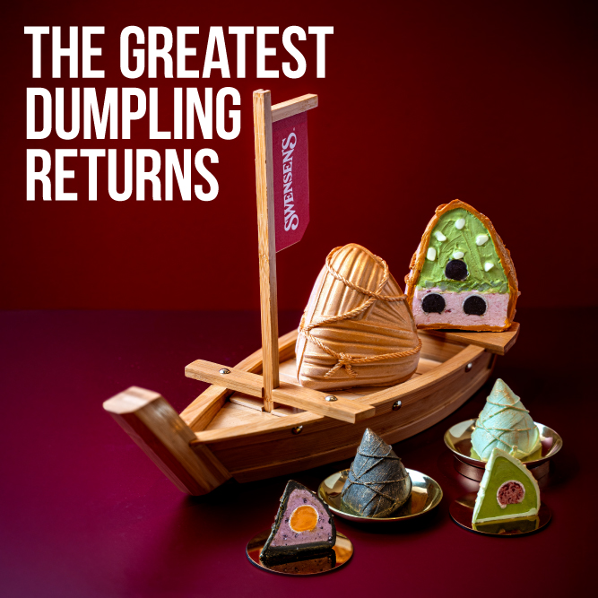 Poster-style image with the headline 'THE GREATEST DUMPLING RETURNS' beside a wooden boat carrying dumpling-shaped desserts on a red background.