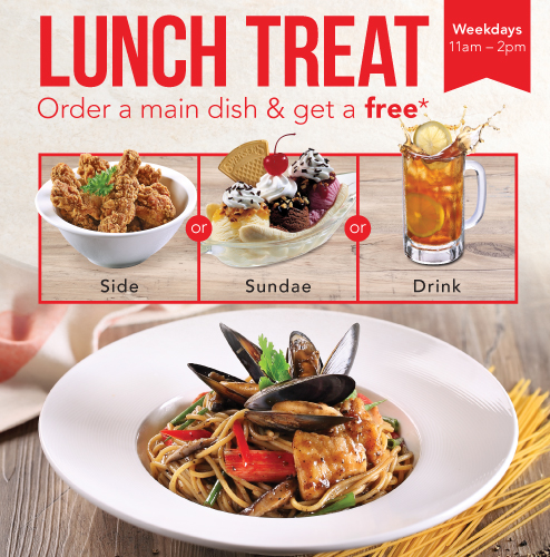 Lunch Treat promo: choose a Side, Sundae, or Drink; shows fried chicken, a sundae, and iced tea with pasta below.