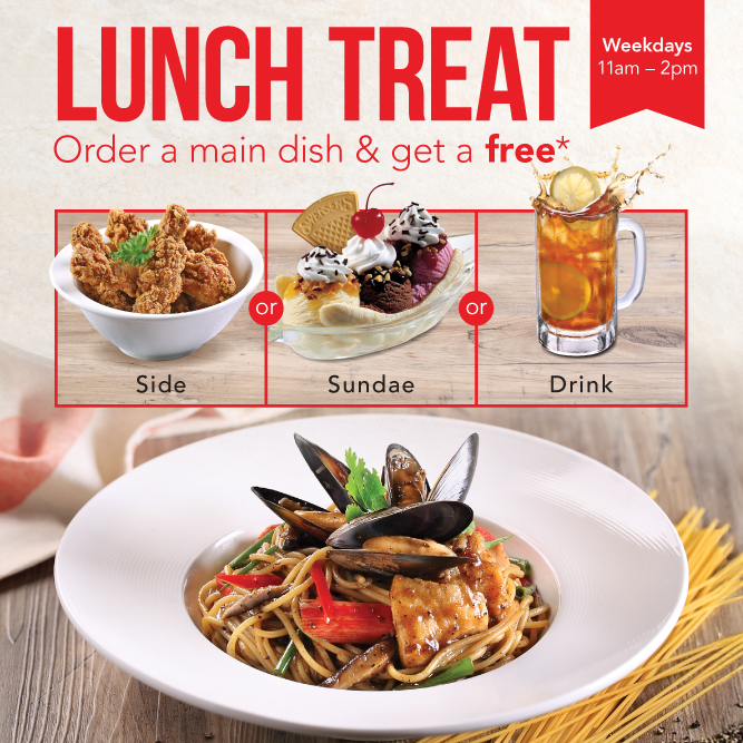 Lunch Treat promo offering Side, Sundae, or Drink; above a plated pasta dish with fried chicken, sundae, and iced drink in a promo layout.