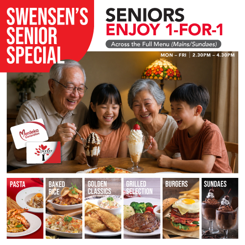 Swensen's Senior Special ad: smiling seniors and a child sharing sundaes; row of menu tiles shows Pasta, Baked Rice, Golden Classics, Grilled Selection, Burgers, and Sundaes; promo times Mon–Fri 2:30–4:30 PM.