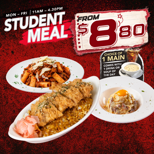 Promotional poster for student meals: multiple plated dishes around a bold red background, price starts at .80, with drink or soup option described.