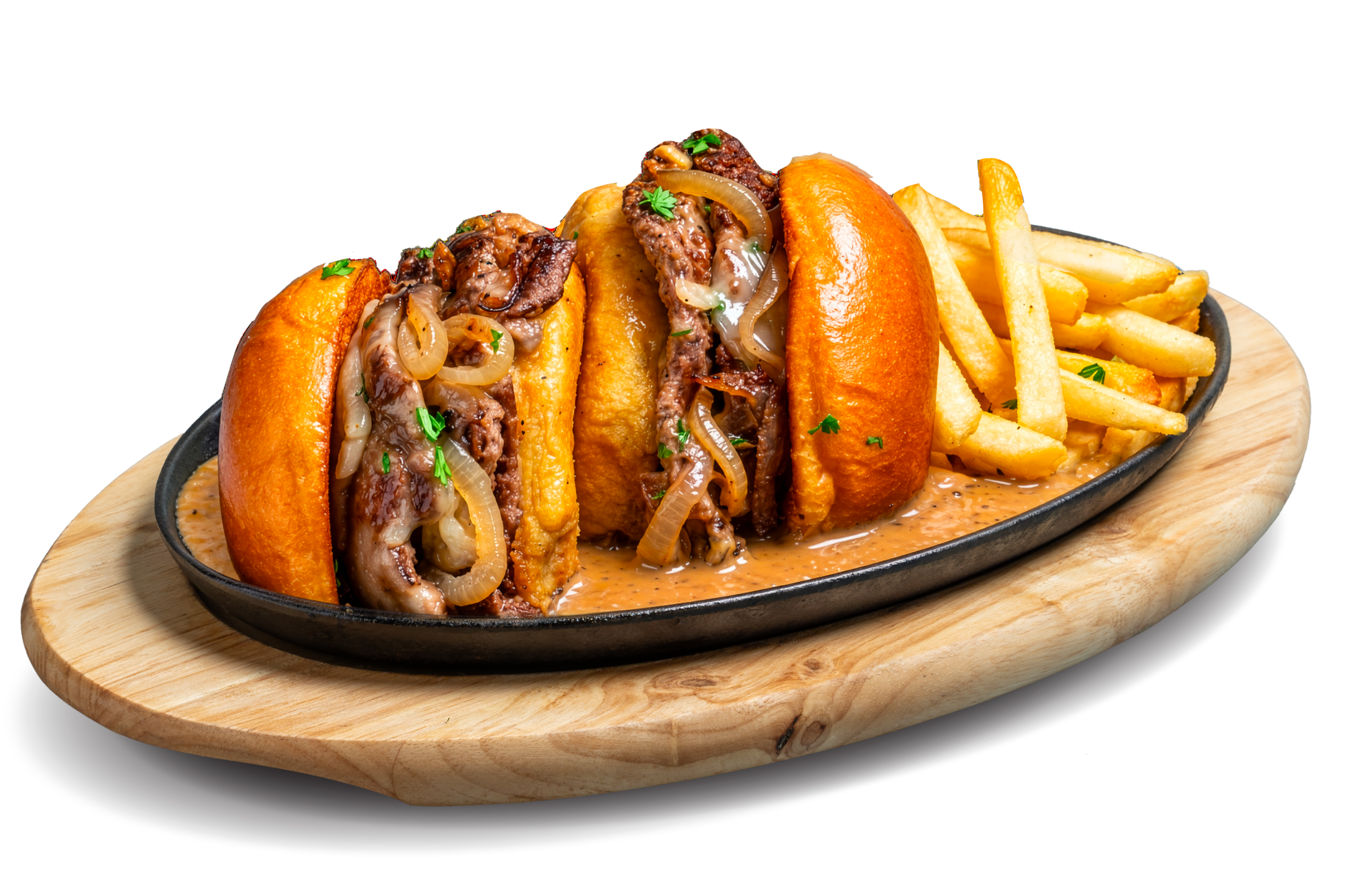 20260827_SW_SizzlingCheeseBurger_Website_Brown Pepper -Sizzling -Cheese Burger - Swensen's Singapore Beef sandwich loaded with onions and melted cheese on a glossy bun, with fries and sauce on the side in a skillet on a wooden board