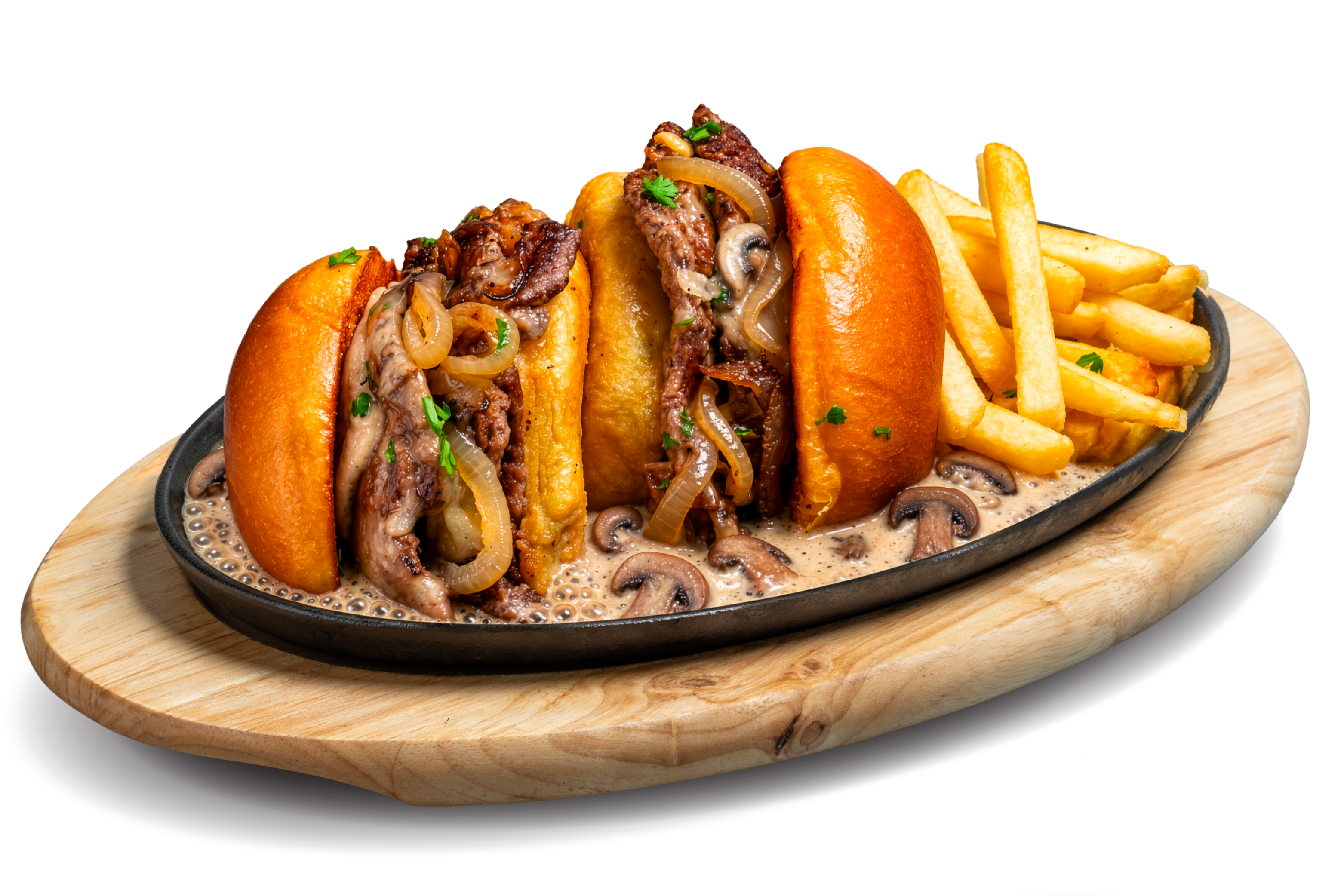 20260827_SW_SizzlingCheeseBurger_Website_Mushroom- Sizzling -Cheese Burger - Swensen's Singapore Beef sandwich with sautéed onions and mushrooms on toasted rolls, served in a skillet with fries on the side.